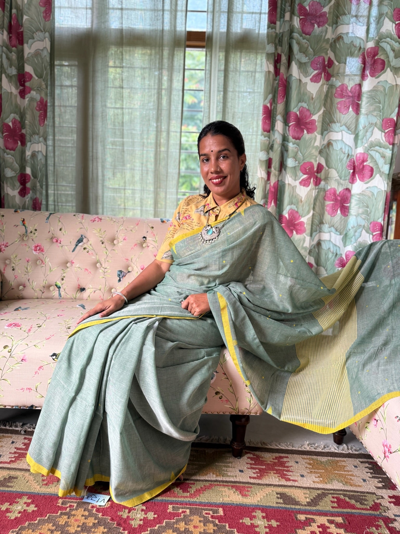 Green And Yellow With Small Buti Pure Cotton Saree