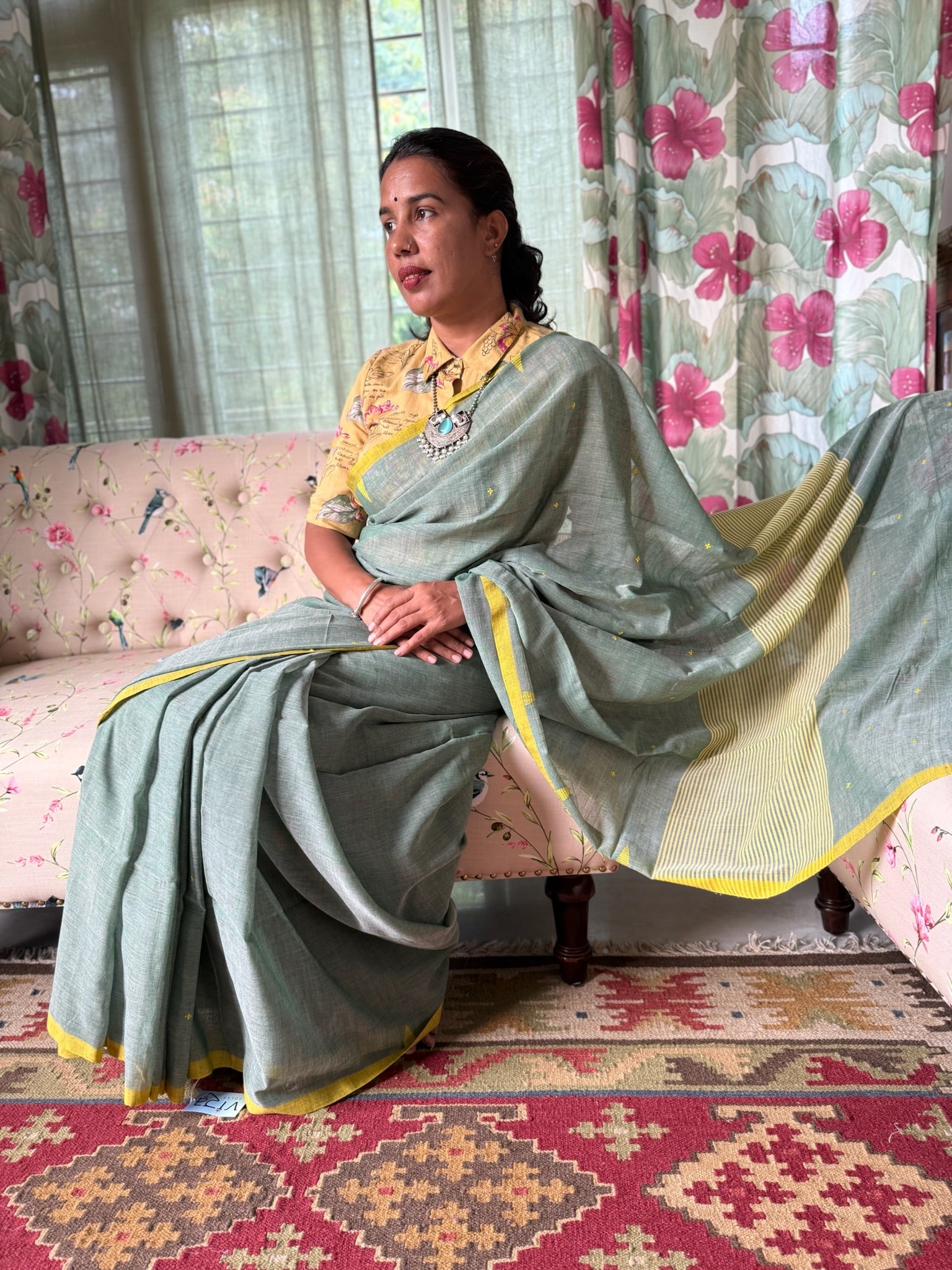Green And Yellow With Small Buti Pure Cotton Saree