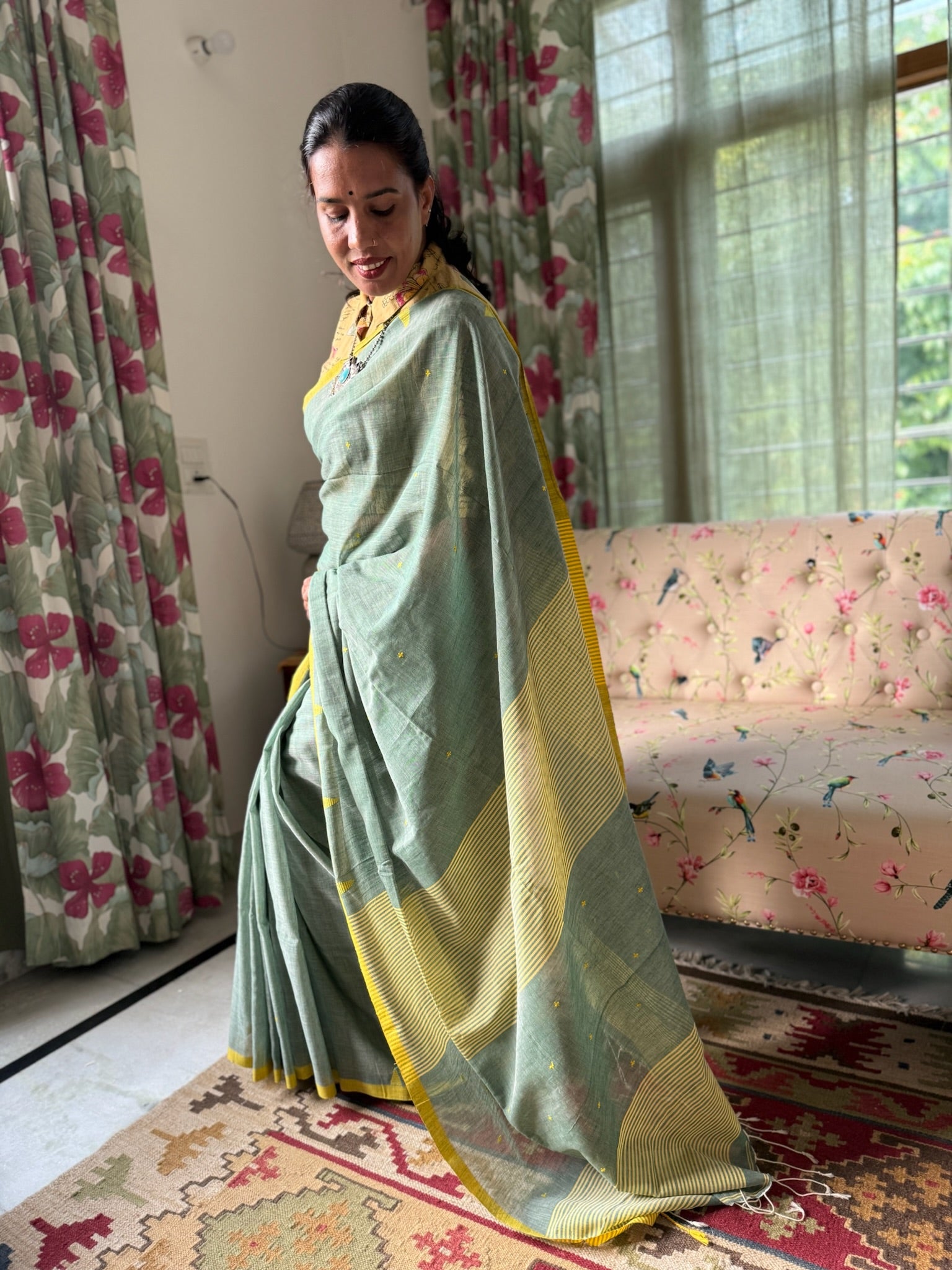 Green And Yellow With Small Buti Pure Cotton Saree
