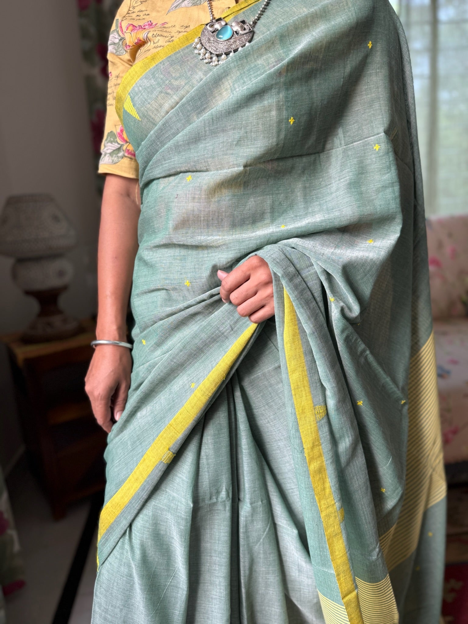 Green And Yellow With Small Buti Pure Cotton Saree