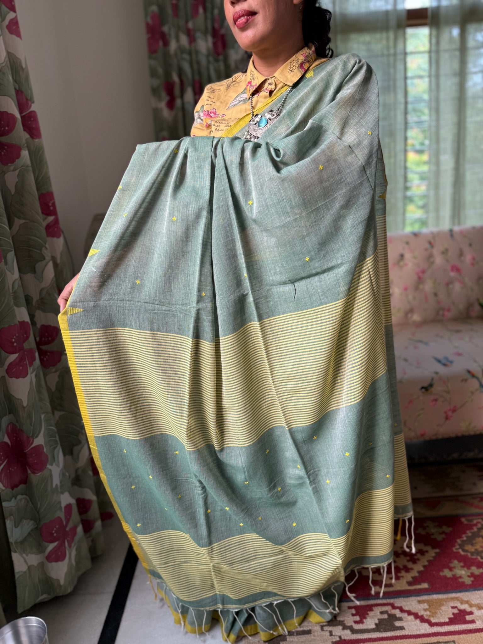 Green And Yellow With Small Buti Pure Cotton Saree