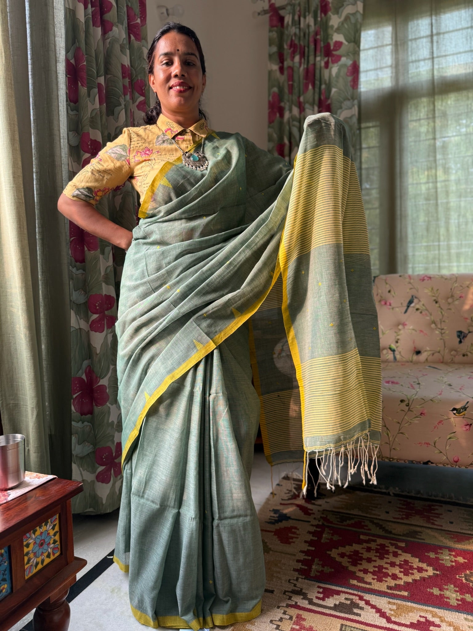 Green And Yellow With Small Buti Pure Cotton Saree