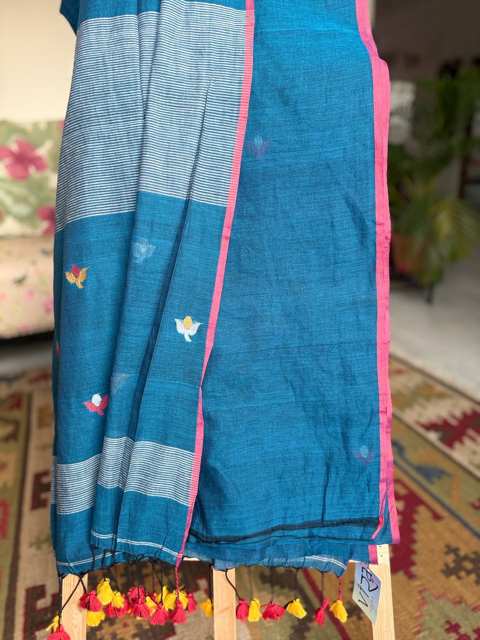 Classic Blue Cotton Saree With Woven Flower Motif All Over