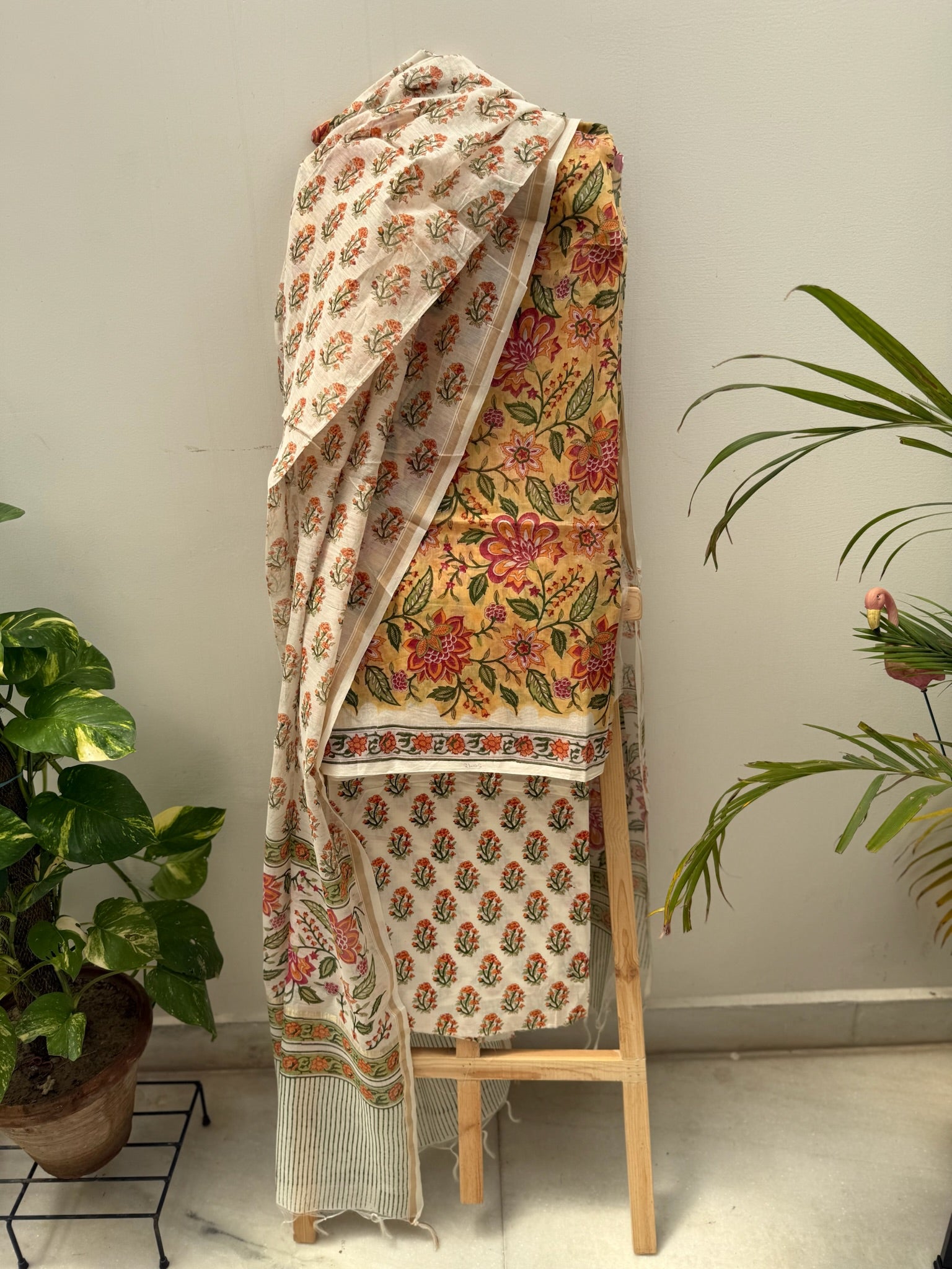 Yellow And Cream Pure Chanderi Cotton Hand Block Print Suit Set