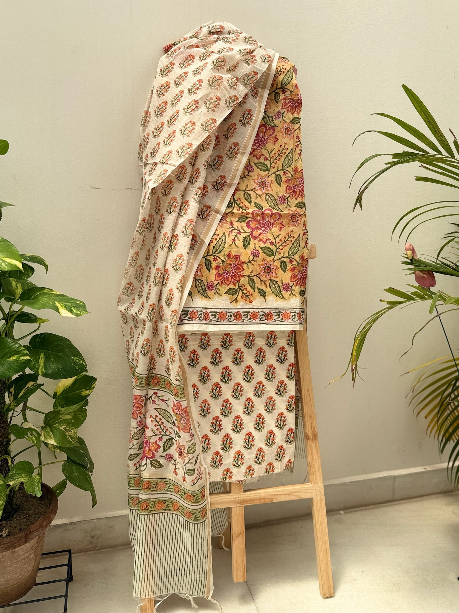 Yellow And Cream Pure Chanderi Cotton Hand Block Print Suit Set