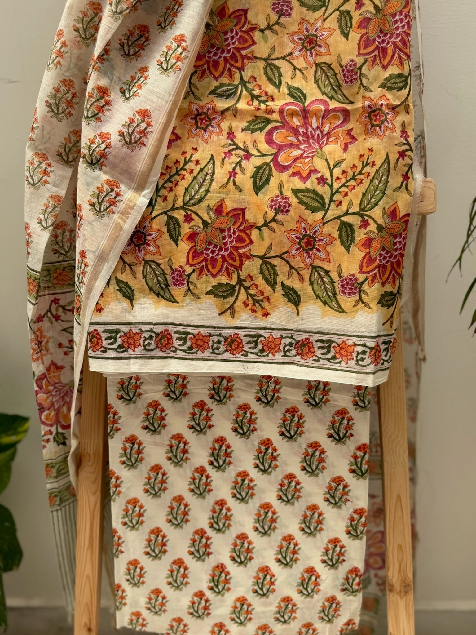 Yellow And Cream Pure Chanderi Cotton Hand Block Print Suit Set