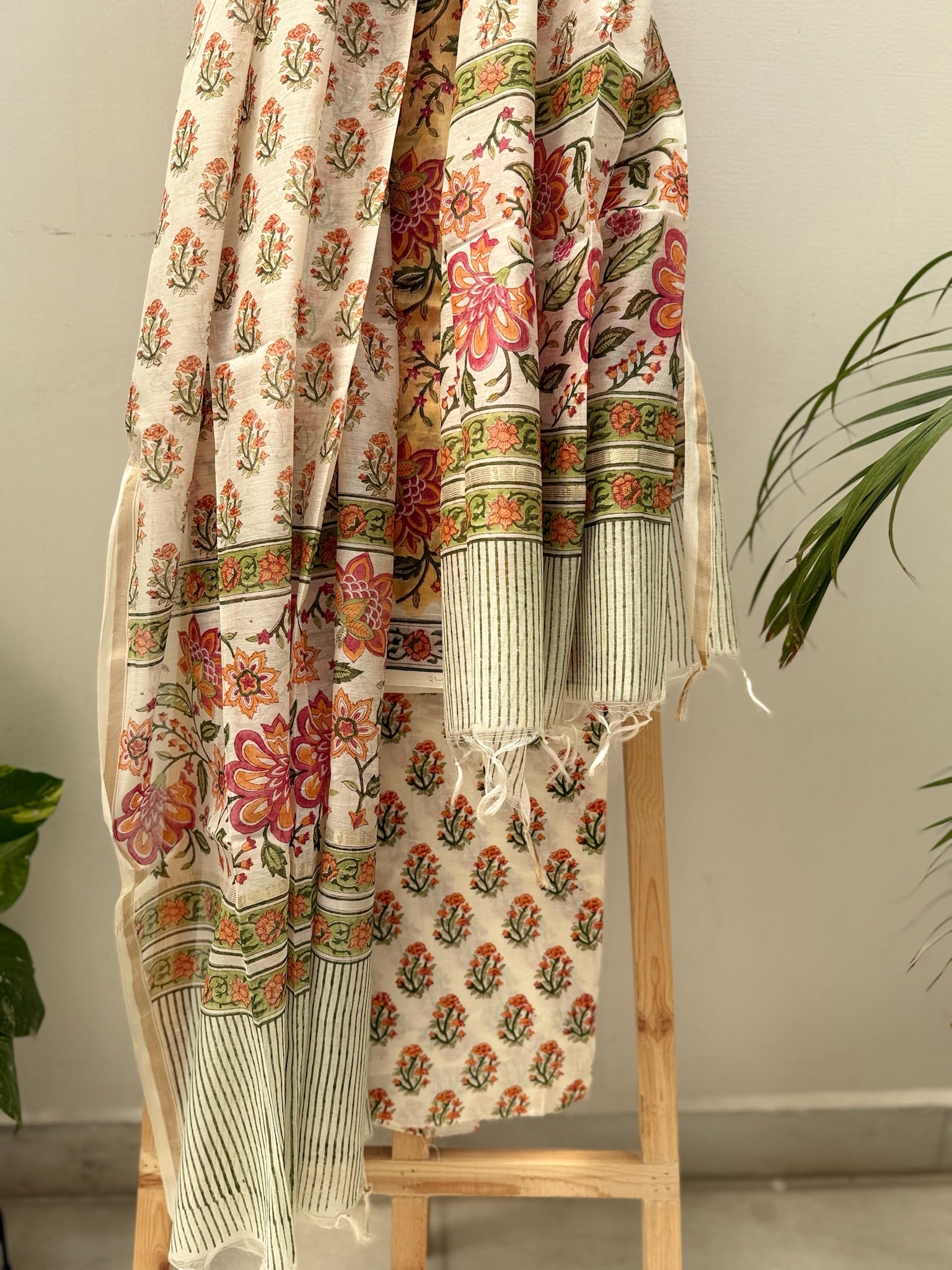Yellow And Cream Pure Chanderi Cotton Hand Block Print Suit Set