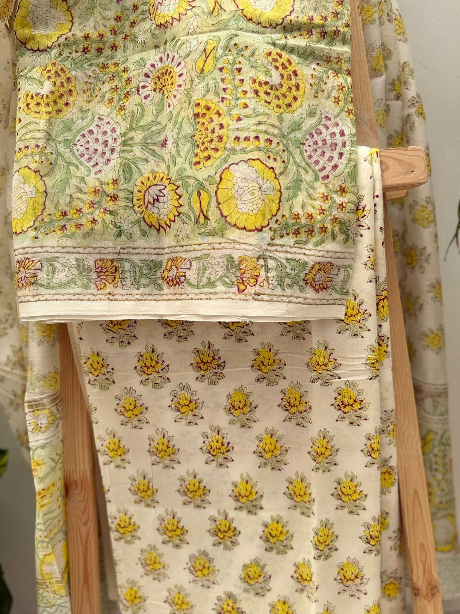 Green And Off white Pure Chanderi Cotton Hand Block Print Suit Set