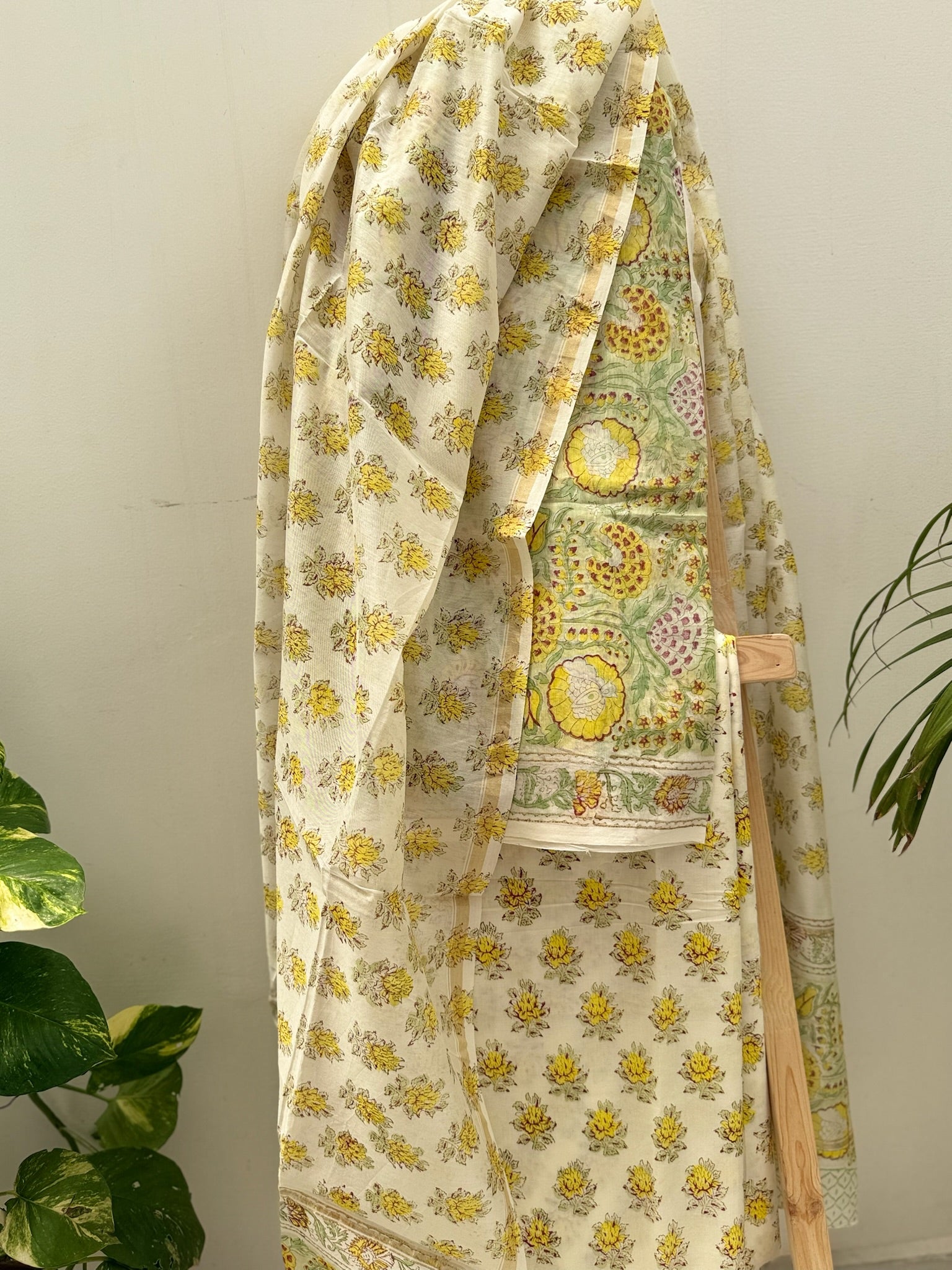 Green And Off white Pure Chanderi Cotton Hand Block Print Suit Set