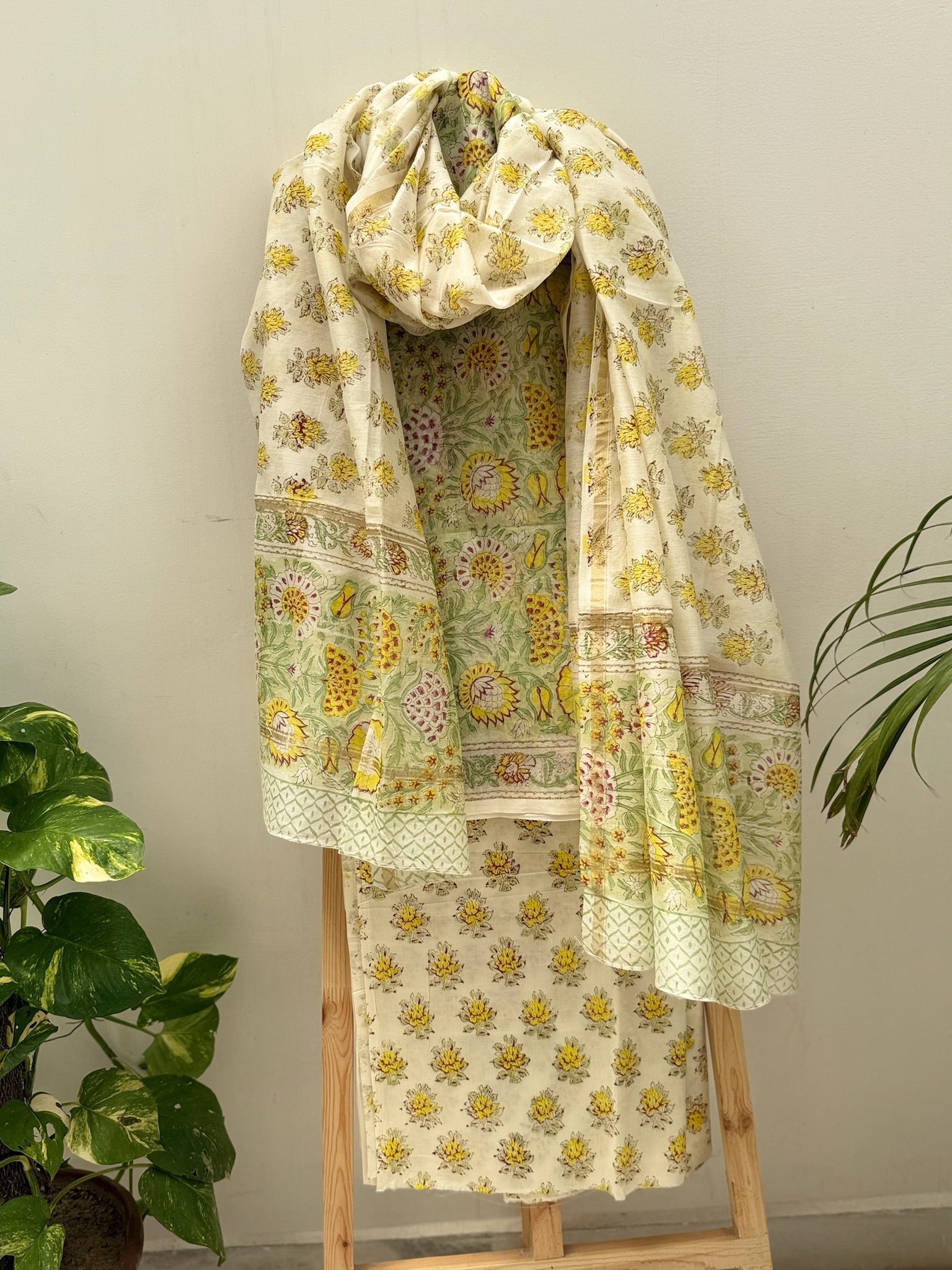 Green And Off white Pure Chanderi Cotton Hand Block Print Suit Set