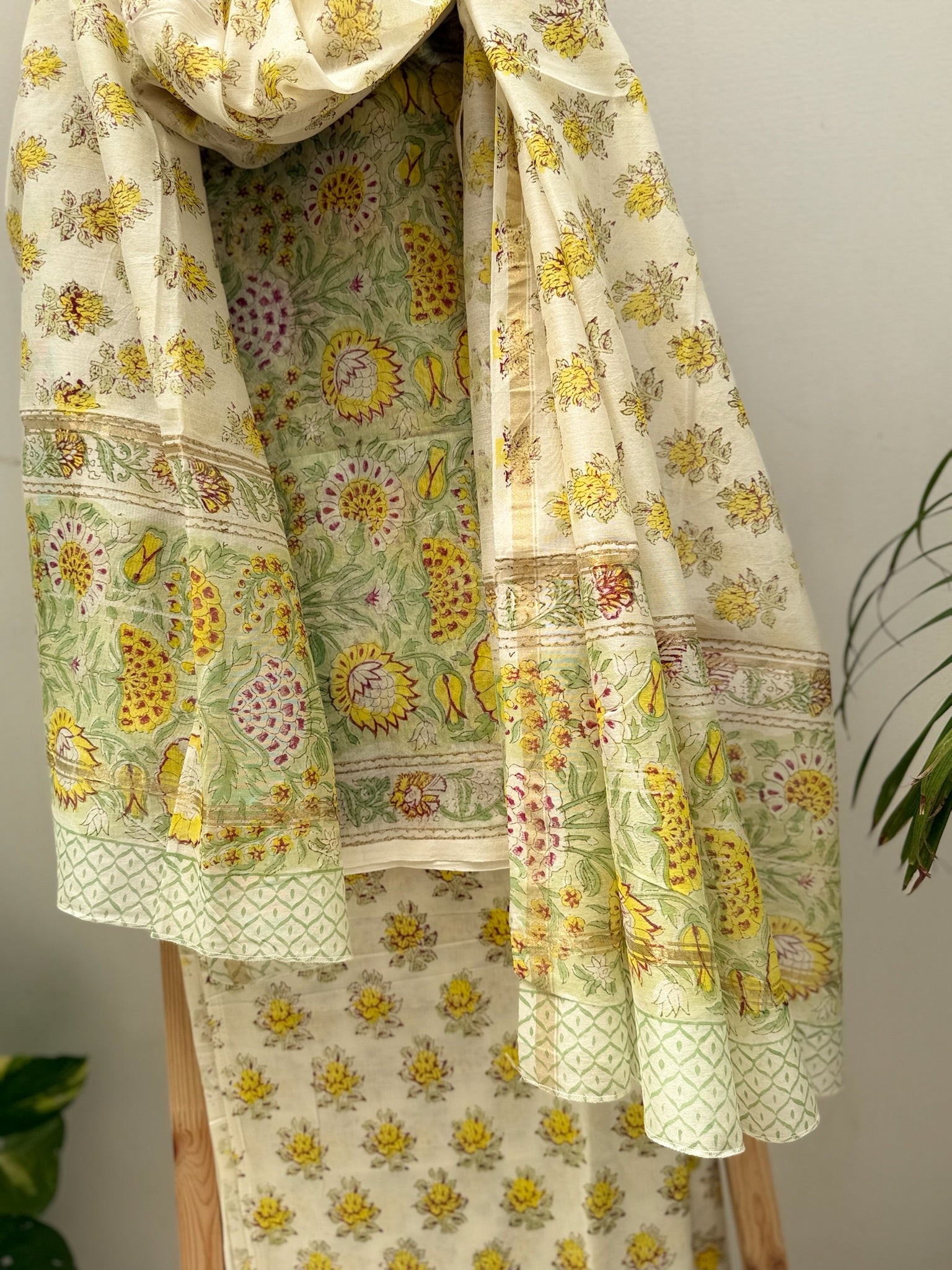 Green And Off white Pure Chanderi Cotton Hand Block Print Suit Set