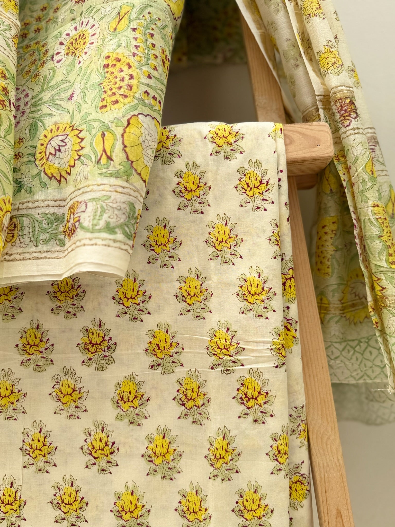 Green And Off white Pure Chanderi Cotton Hand Block Print Suit Set