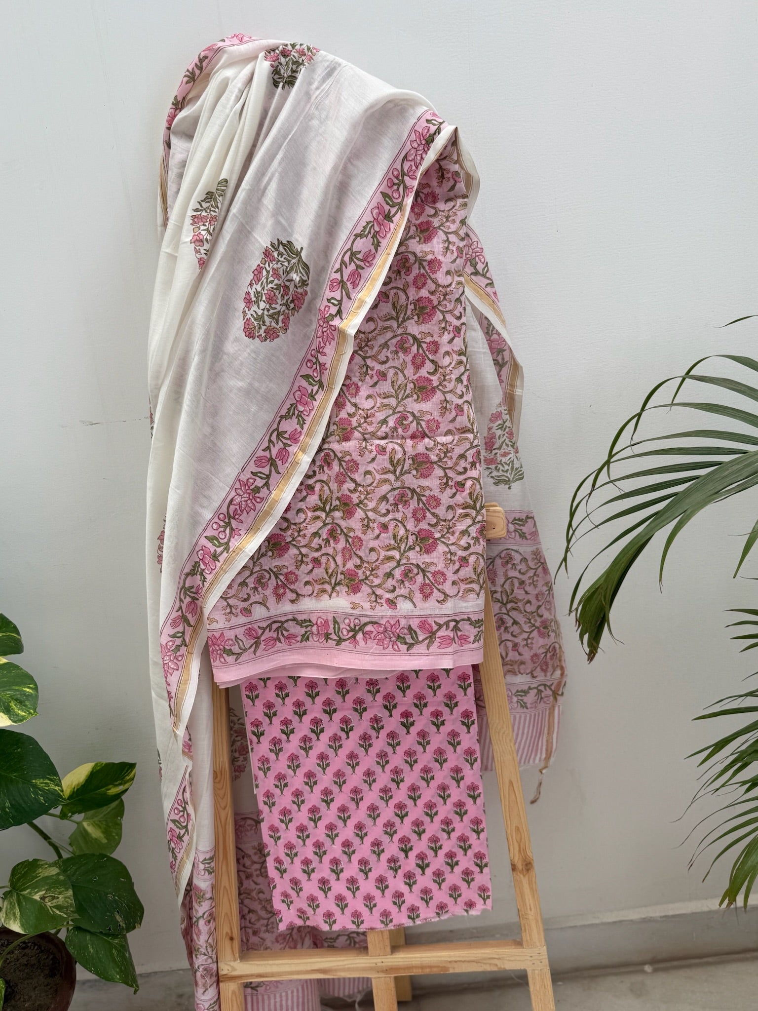 Pink And Pearl White Pure Chanderi Cotton Hand Block Print Suit Set