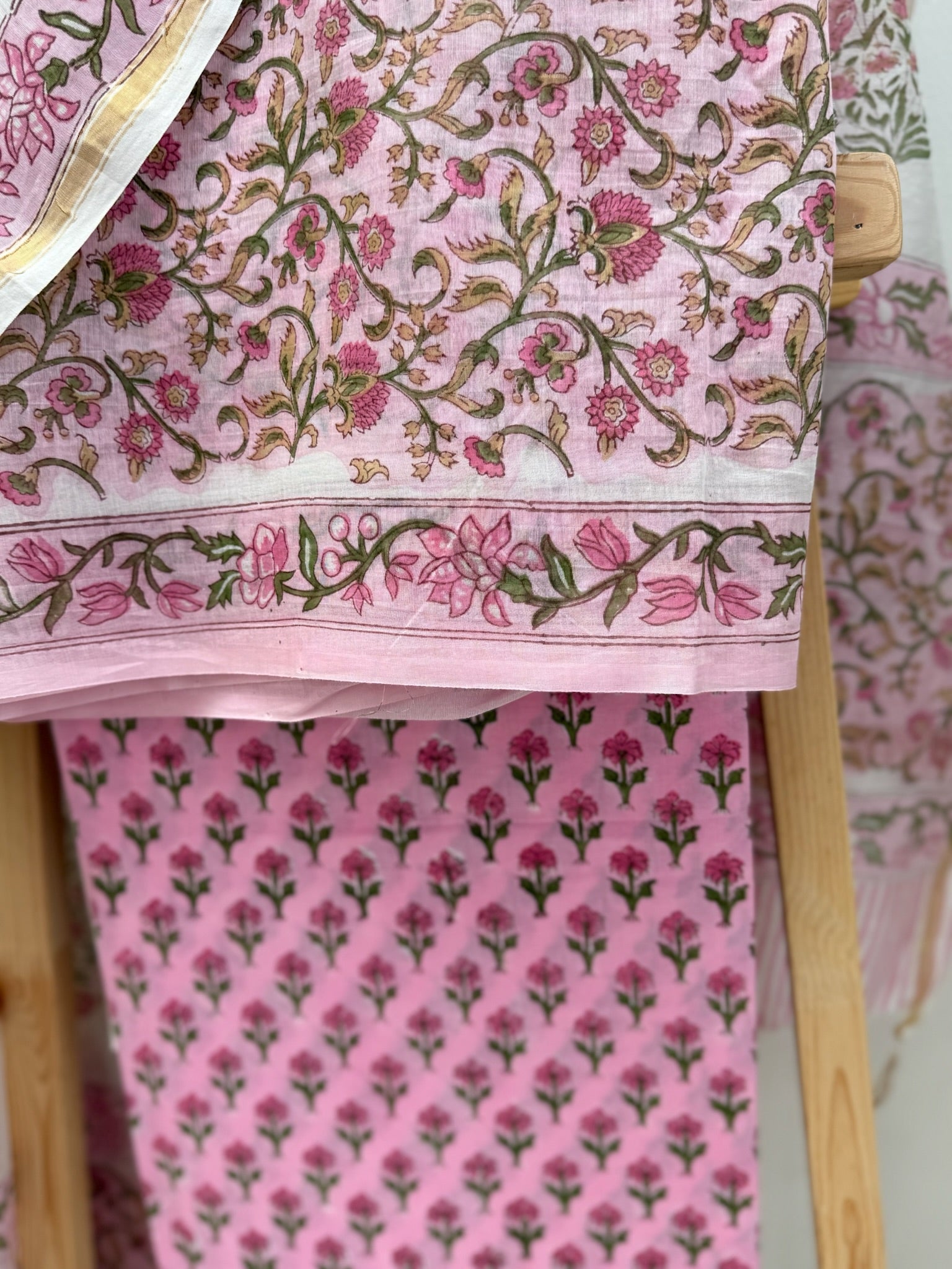 Pink And Pearl White Pure Chanderi Cotton Hand Block Print Suit Set