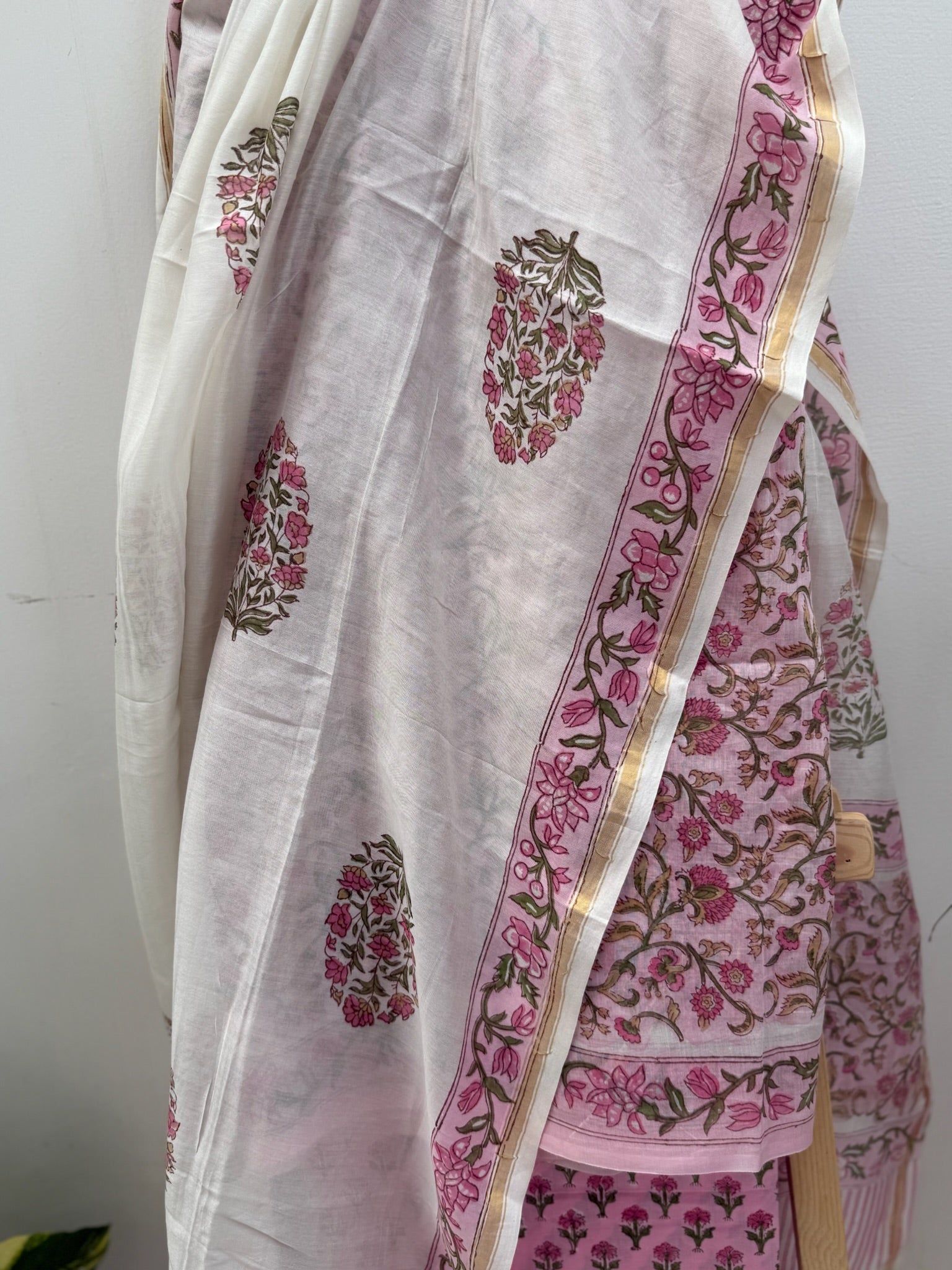 Pink And Pearl White Pure Chanderi Cotton Hand Block Print Suit Set