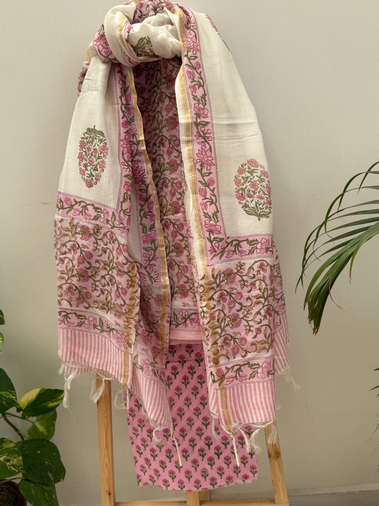 Pink And Pearl White Pure Chanderi Cotton Hand Block Print Suit Set