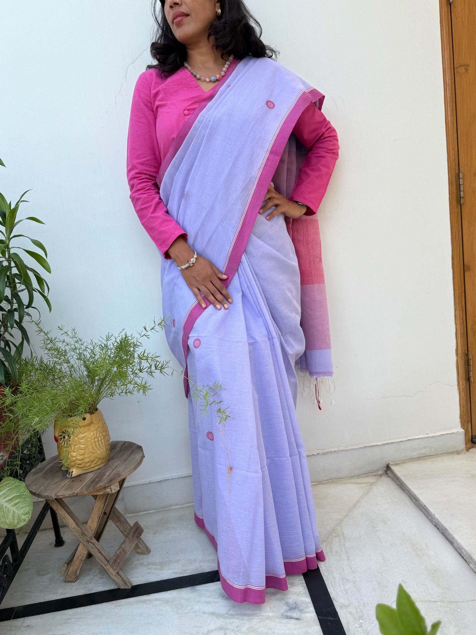 Lavender Mist With Fuchsia Bloom Pure Cotton Jamdani Saree