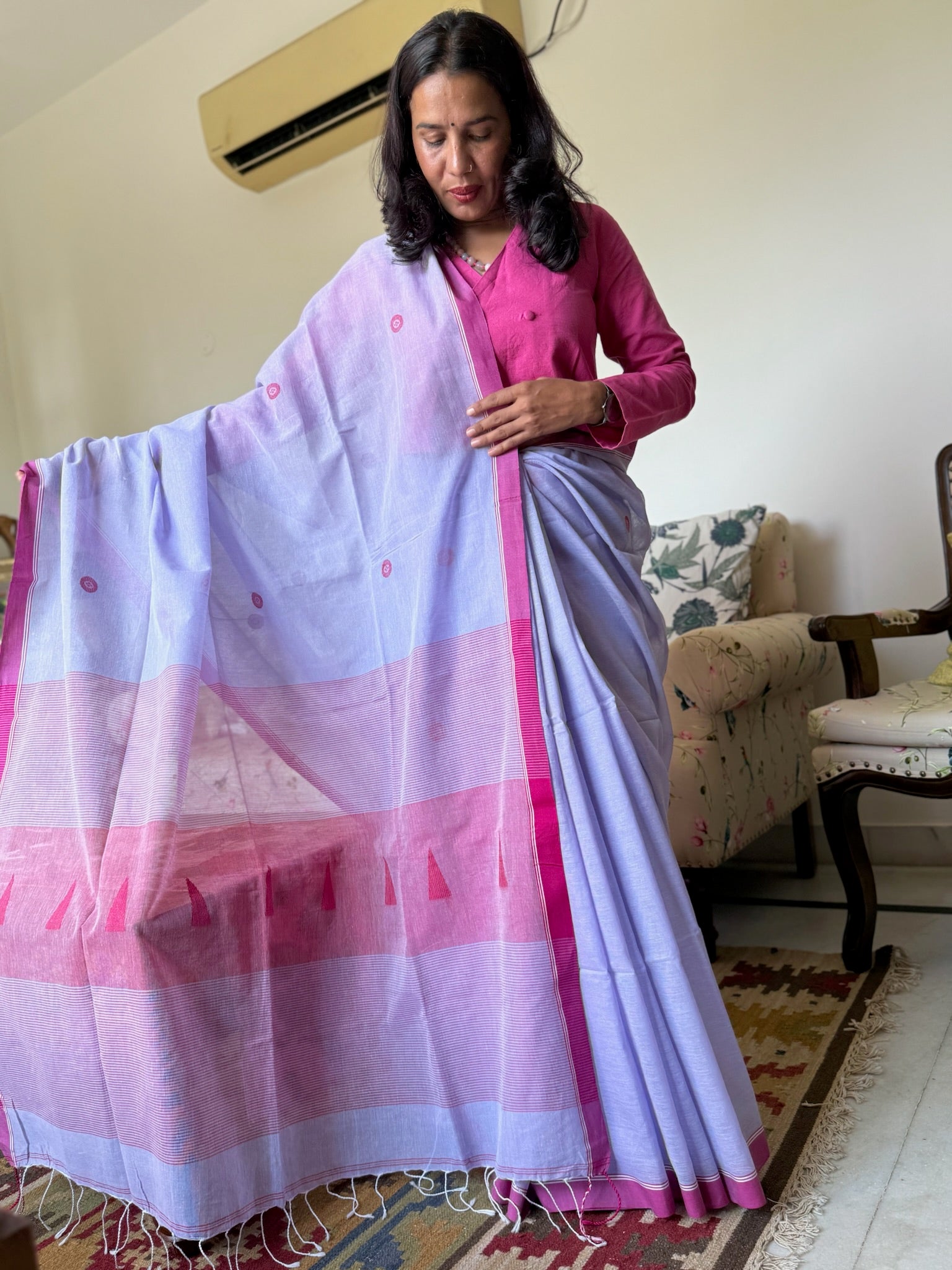 Lavender Mist With Fuchsia Bloom Pure Cotton Jamdani Saree