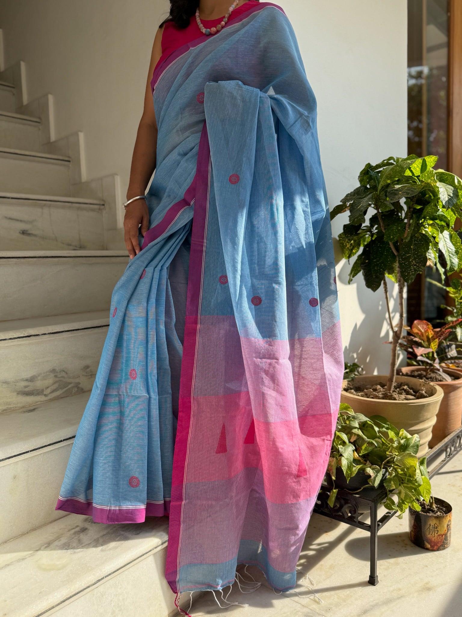 Sky Bloom With Magenta Glow Pure Cotton Jamdani Saree