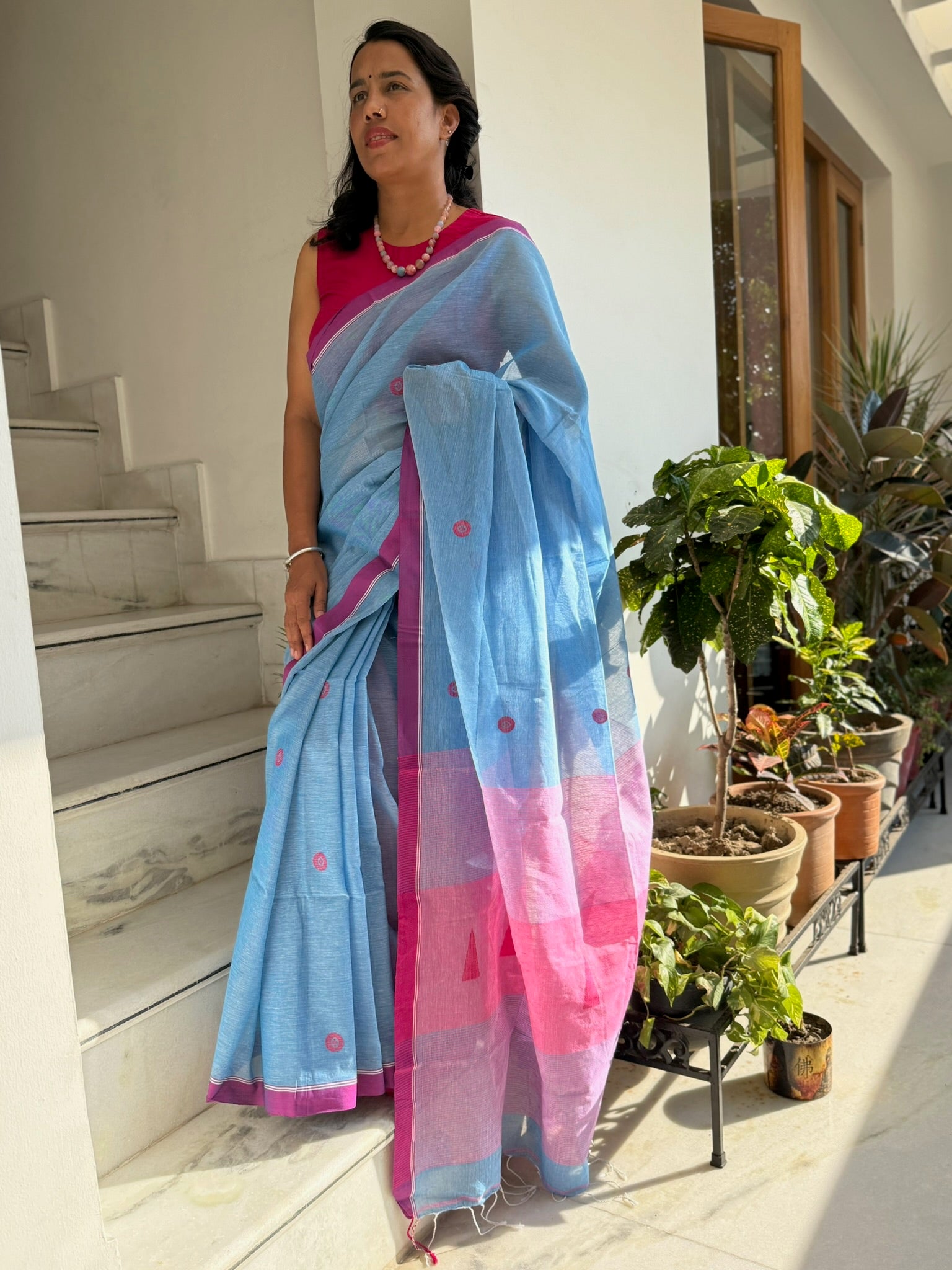 Sky Bloom With Magenta Glow Pure Cotton Jamdani Saree
