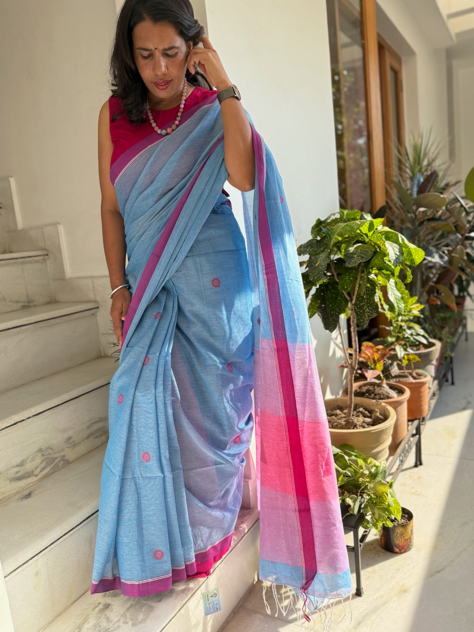 Sky Bloom With Magenta Glow Pure Cotton Jamdani Saree