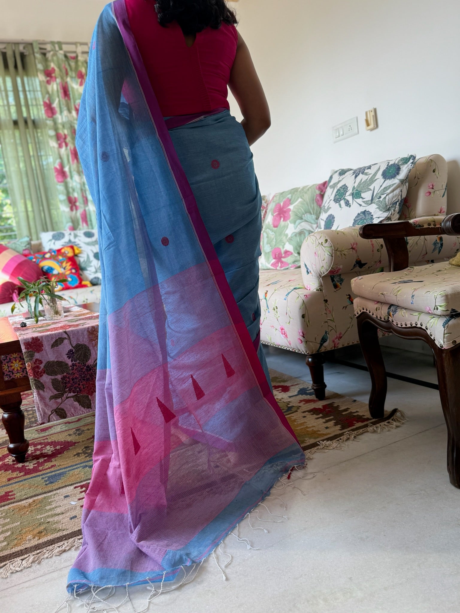 Sky Bloom With Magenta Glow Pure Cotton Jamdani Saree
