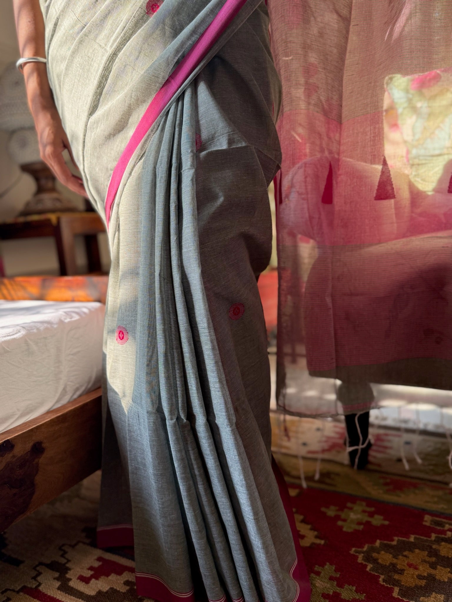 Ash Blossom With Magenta Glow Pure Cotton Jamdani Saree