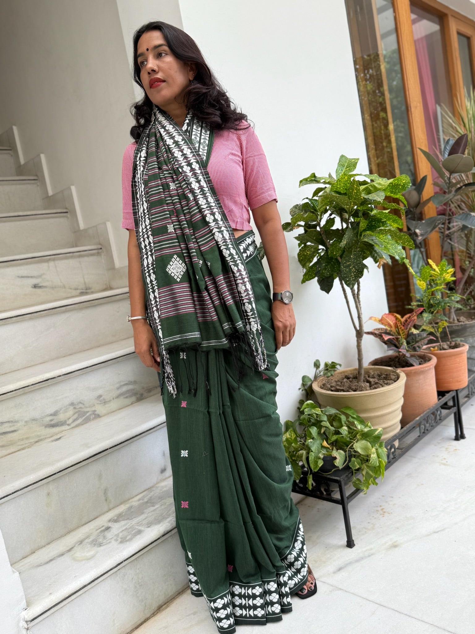 Classic Green Cotton Saree With White Woven Motifs On Border And Pallu