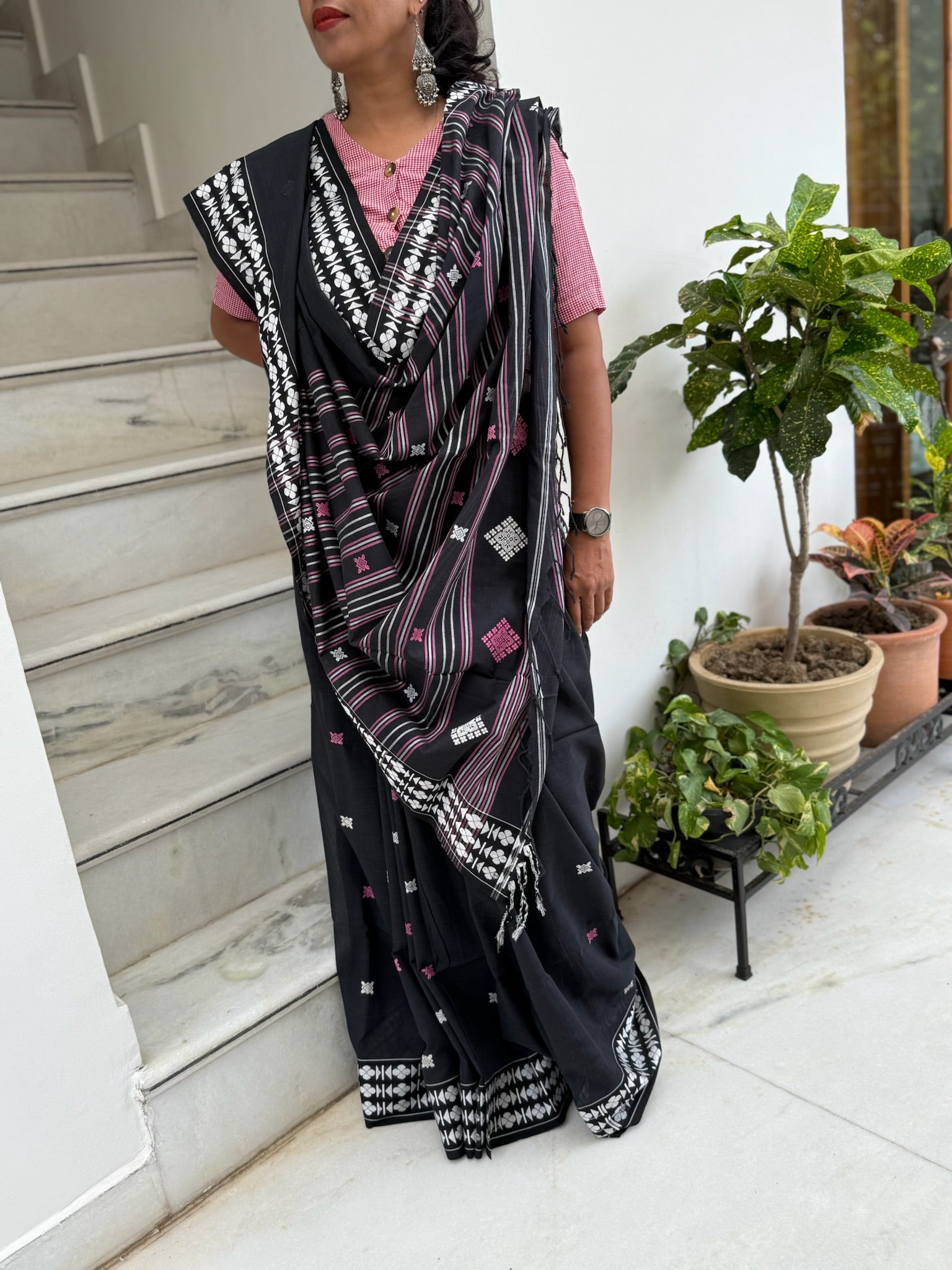 Classic Black Cotton Saree With White Woven Motifs On Border And Pallu