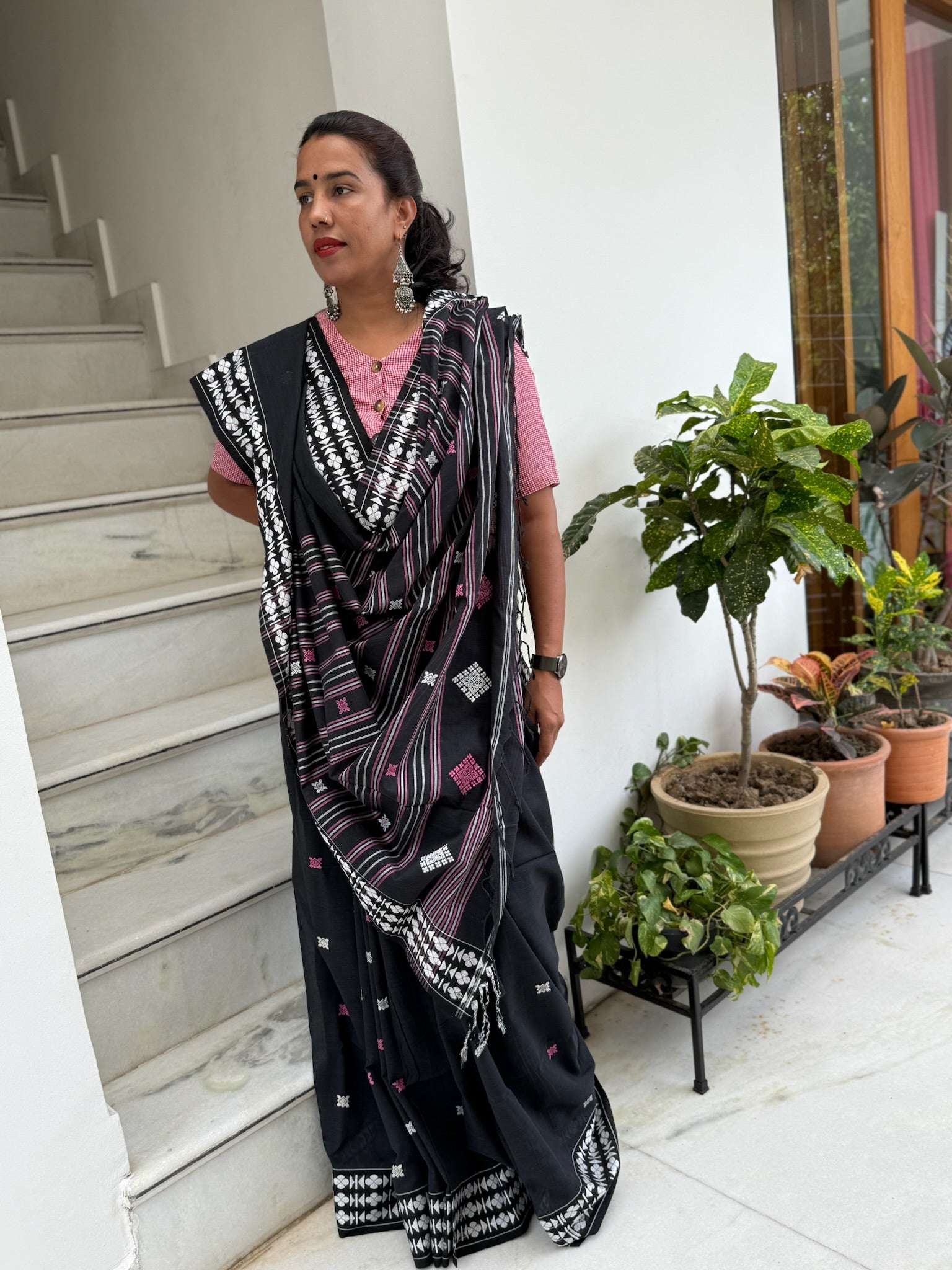 Classic Black Cotton Saree With White Woven Motifs On Border And Pallu