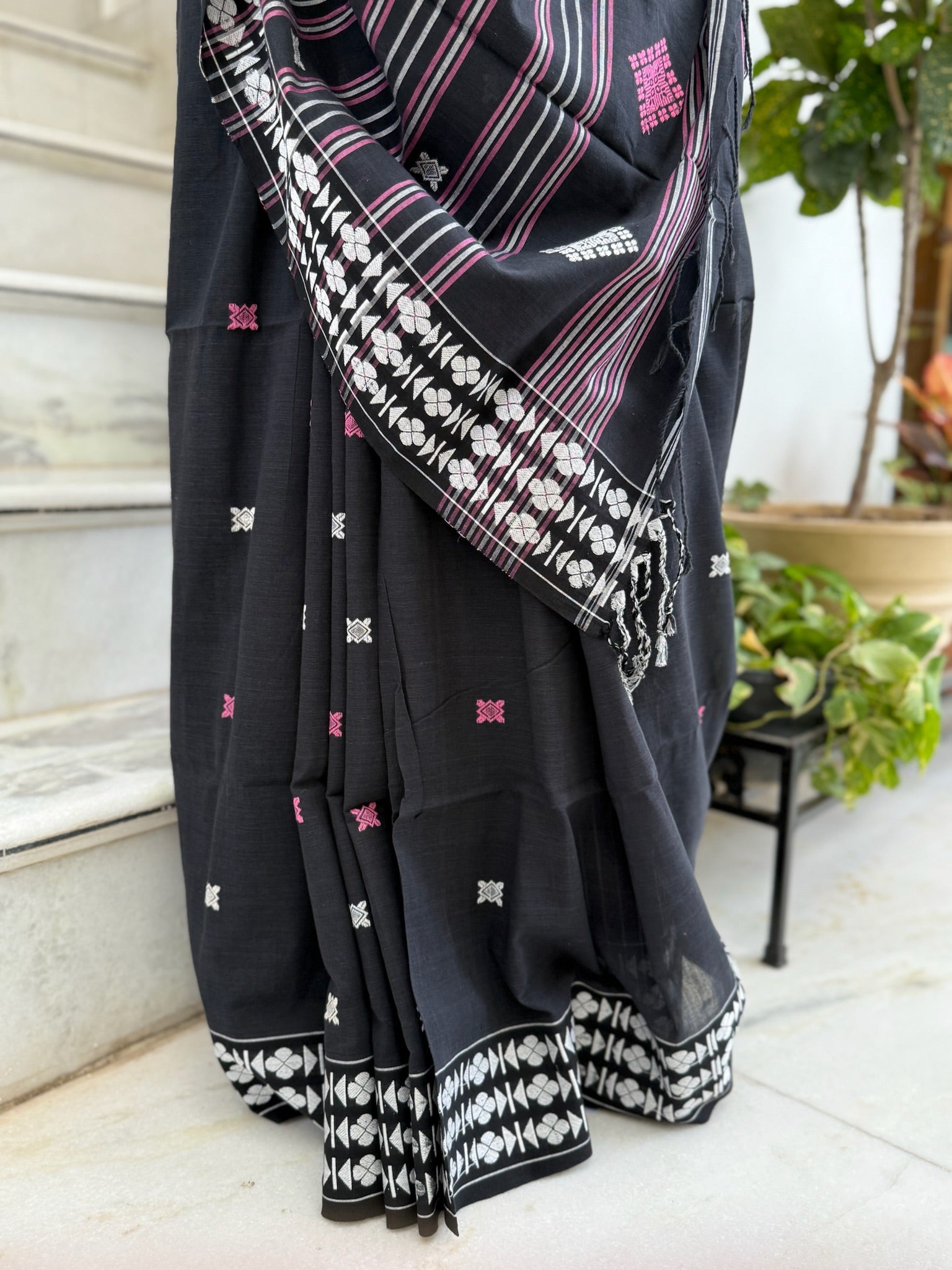 Classic Black Cotton Saree With White Woven Motifs On Border And Pallu
