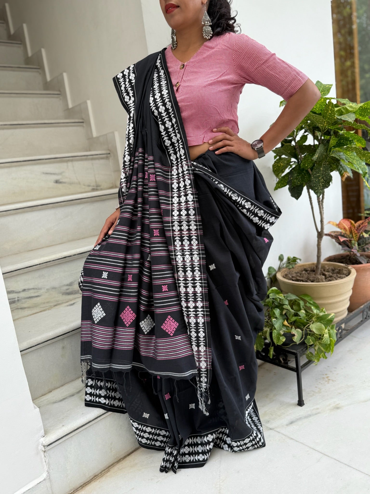 Classic Black Cotton Saree With White Woven Motifs On Border And Pallu