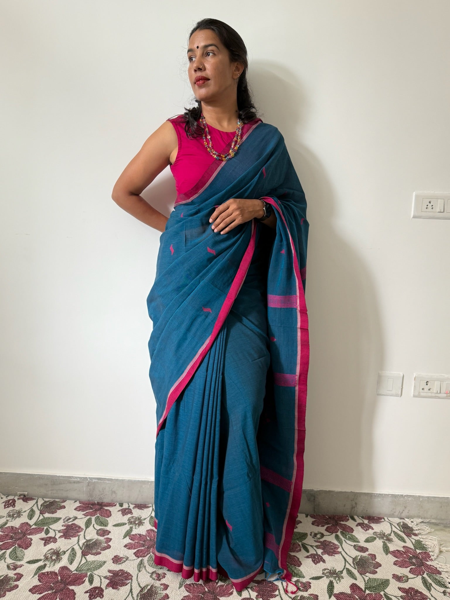 Classic Blue Cotton Saree With Majenta Jamdani Motifs All Over And Pallu