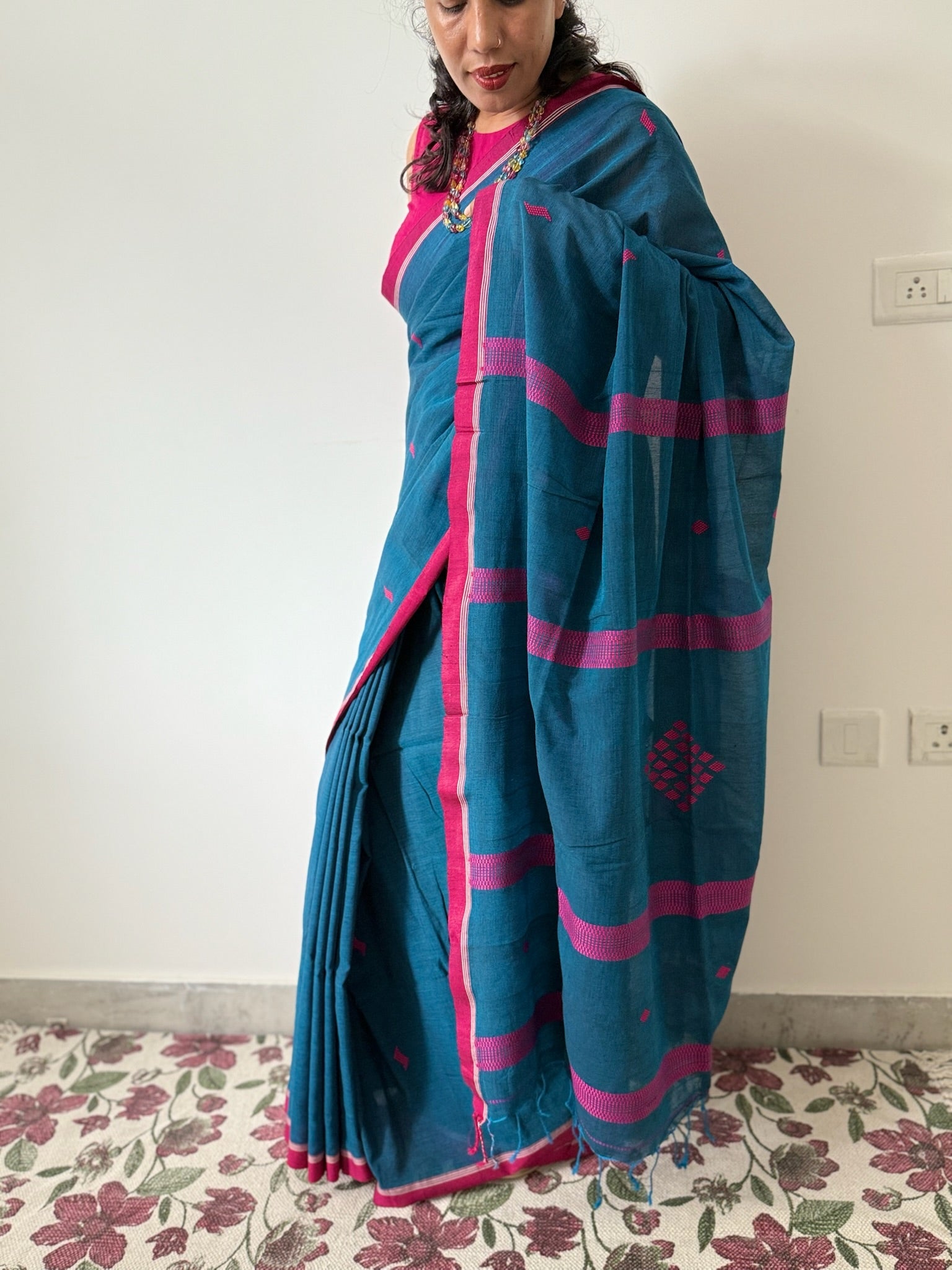 Classic Blue Cotton Saree With Majenta Jamdani Motifs All Over And Pallu