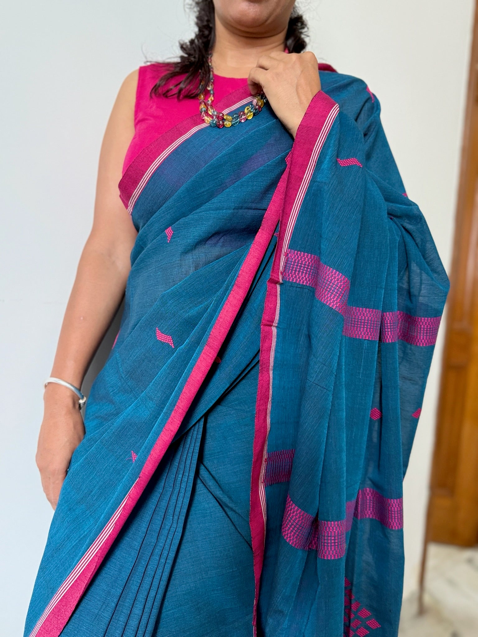 Classic Blue Cotton Saree With Majenta Jamdani Motifs All Over And Pallu