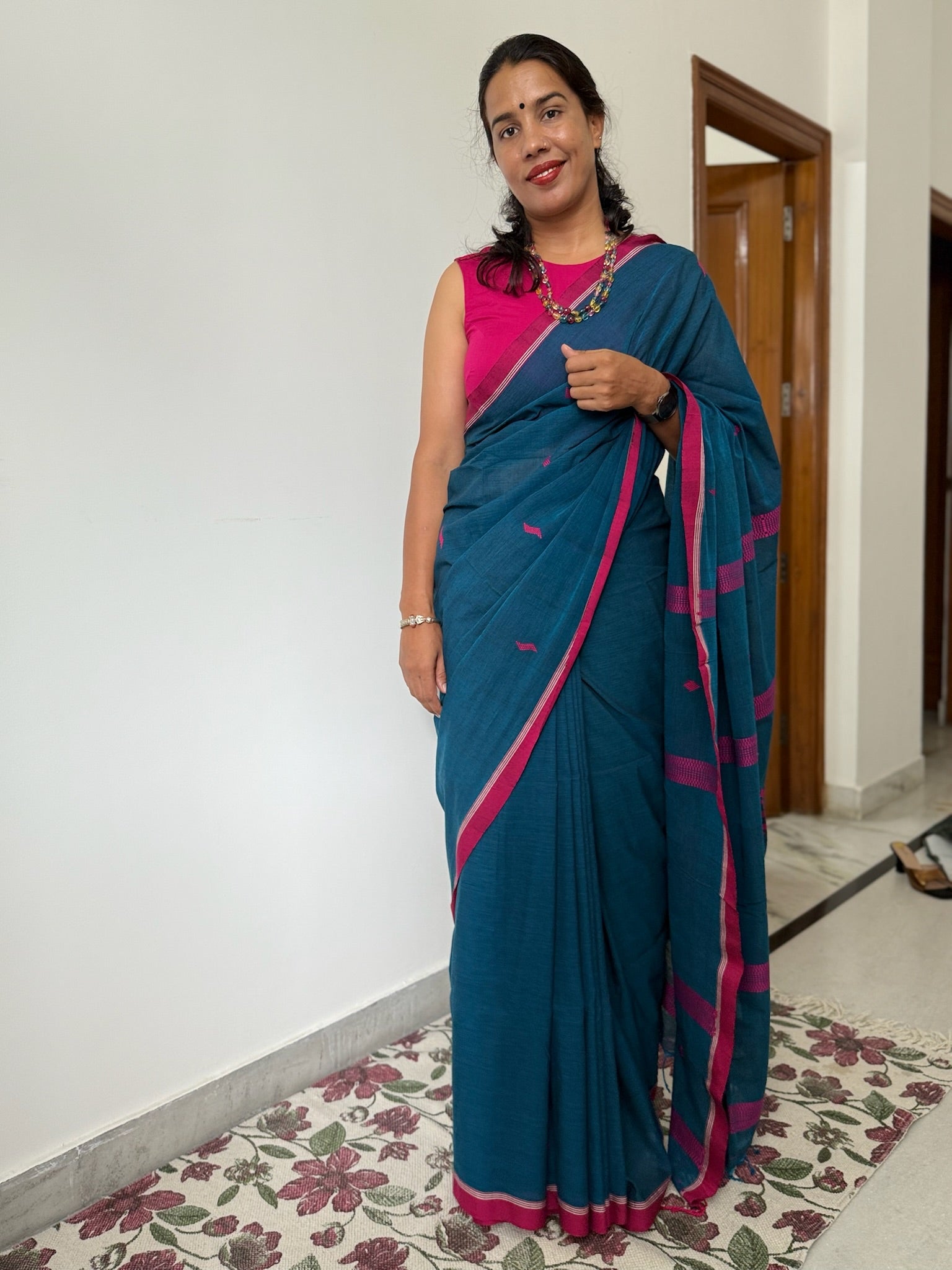Classic Blue Cotton Saree With Majenta Jamdani Motifs All Over And Pallu