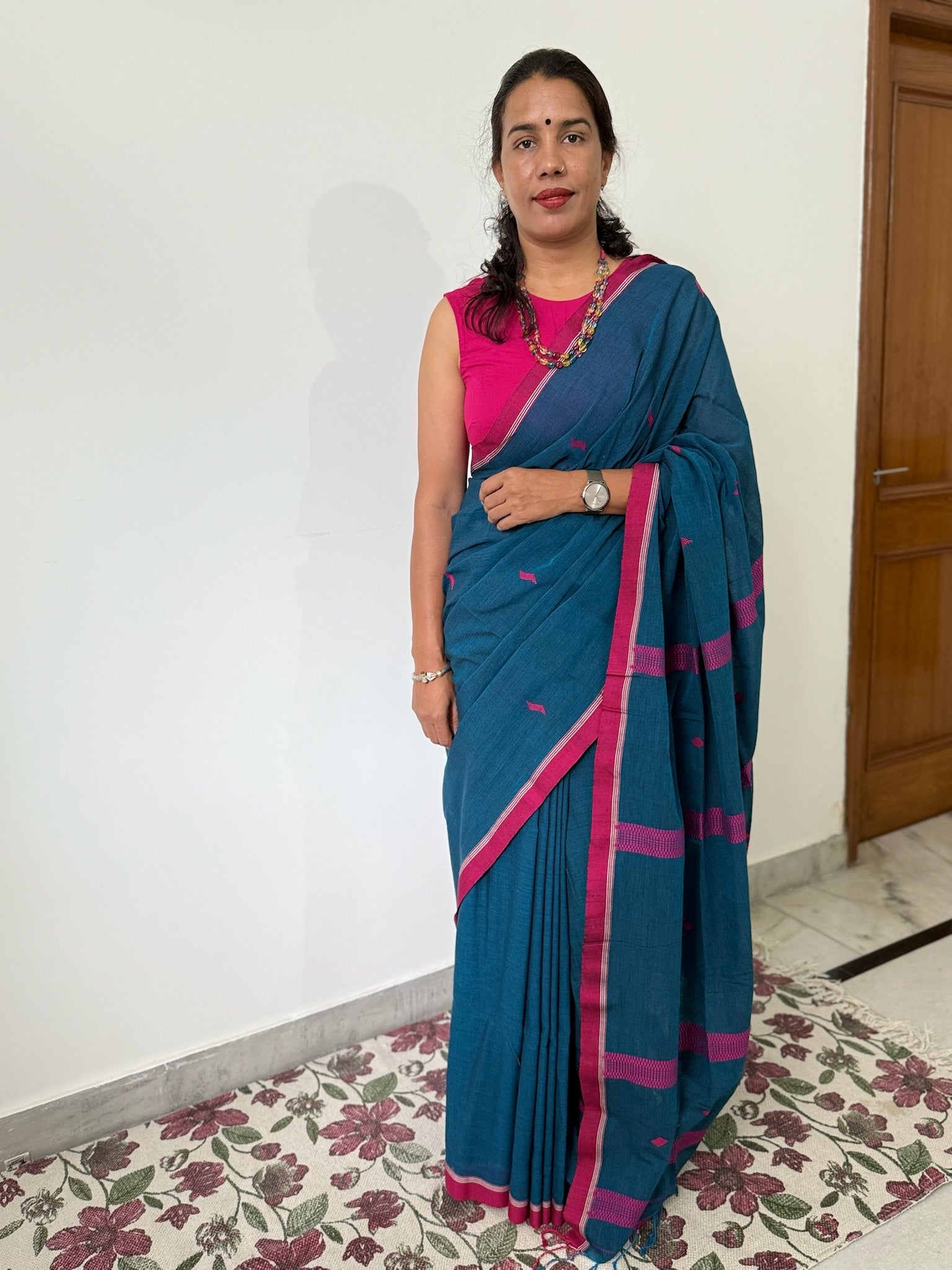 Classic Blue Cotton Saree With Majenta Jamdani Motifs All Over And Pallu