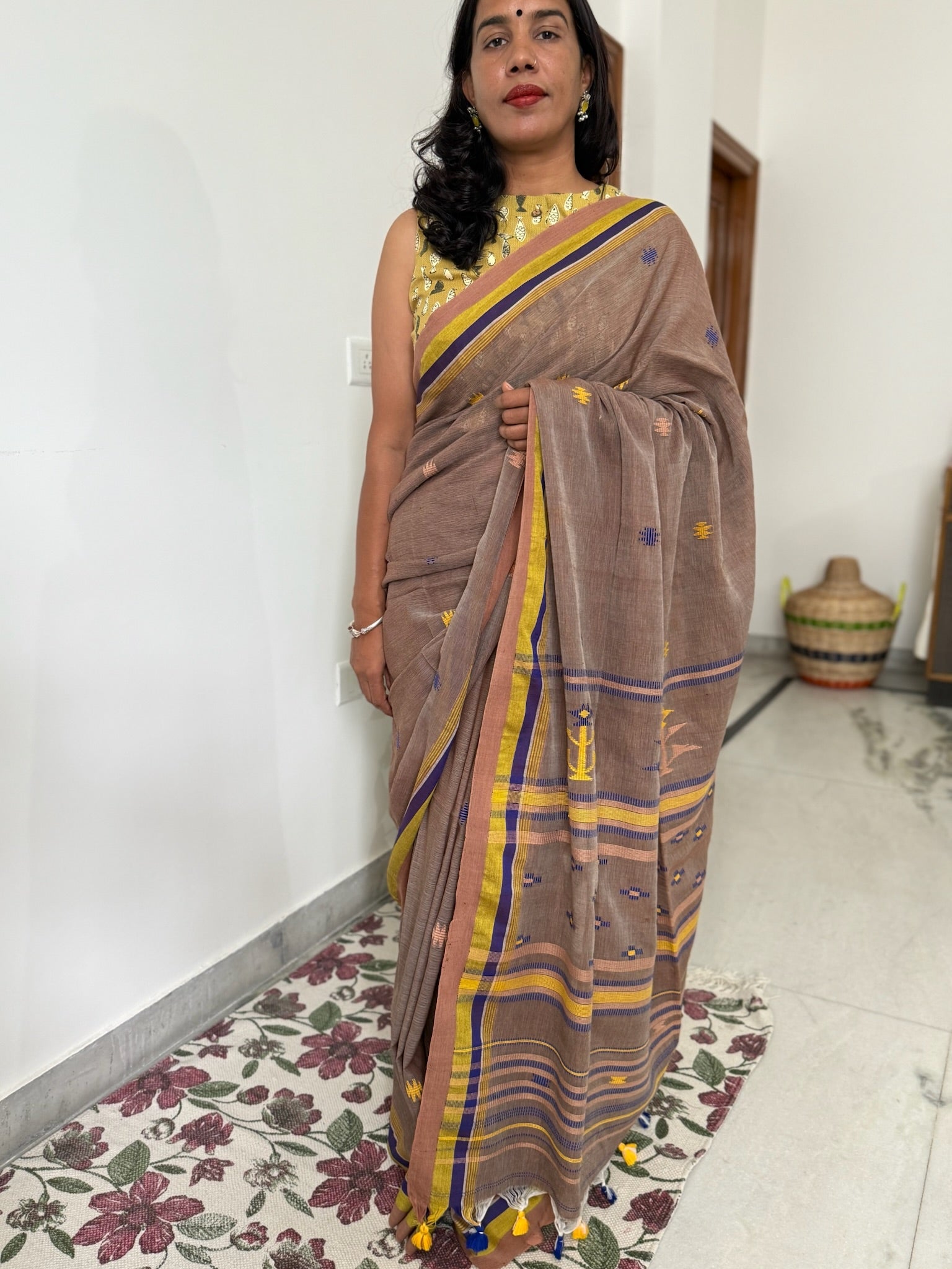 eautiful Brown Cotton Saree With Yellow Purple Motifs All Over And Pallu