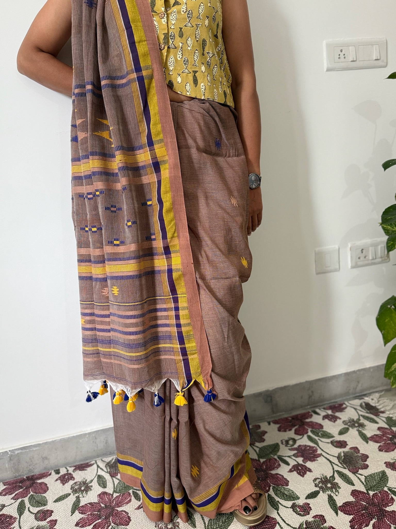eautiful Brown Cotton Saree With Yellow Purple Motifs All Over And Pallu