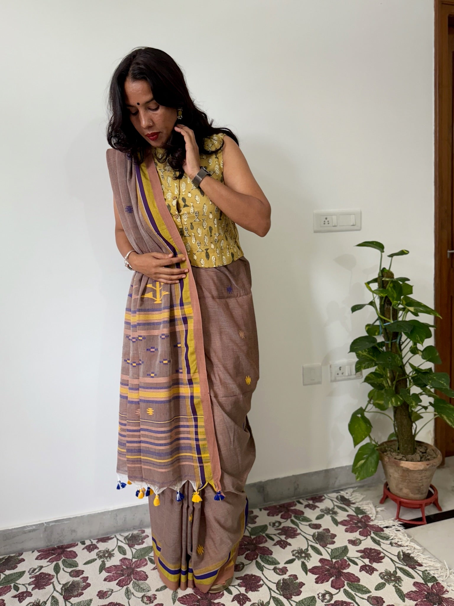 eautiful Brown Cotton Saree With Yellow Purple Motifs All Over And Pallu