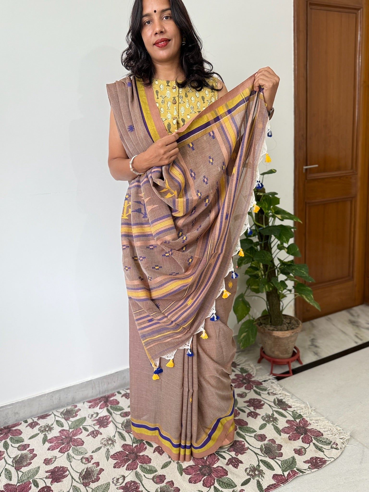 eautiful Brown Cotton Saree With Yellow Purple Motifs All Over And Pallu