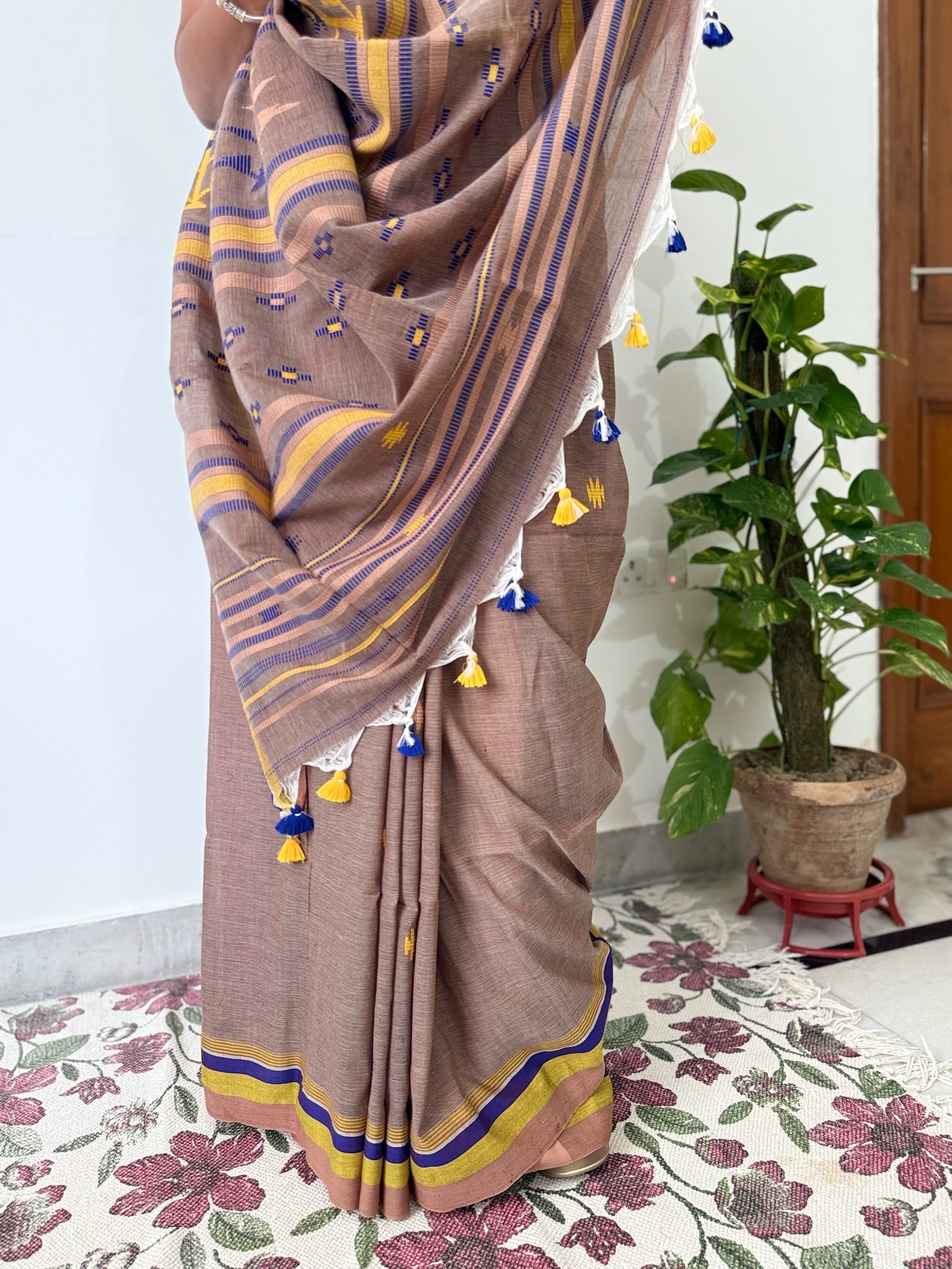 eautiful Brown Cotton Saree With Yellow Purple Motifs All Over And Pallu
