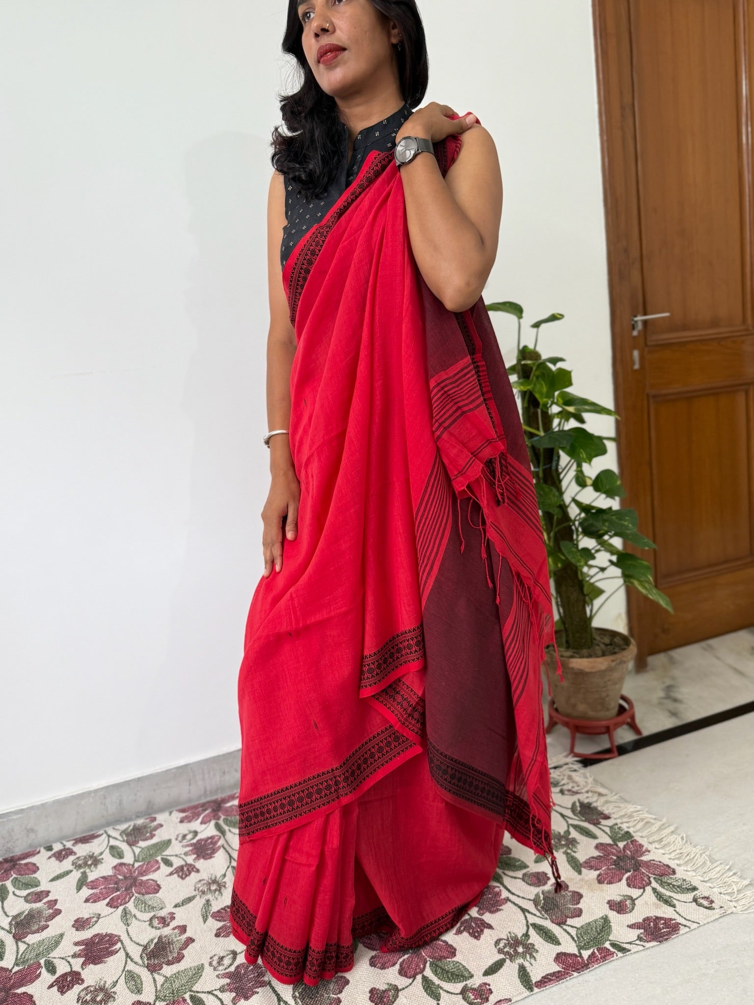 Vibrant Crimson Red Cotton Saree with Black Border