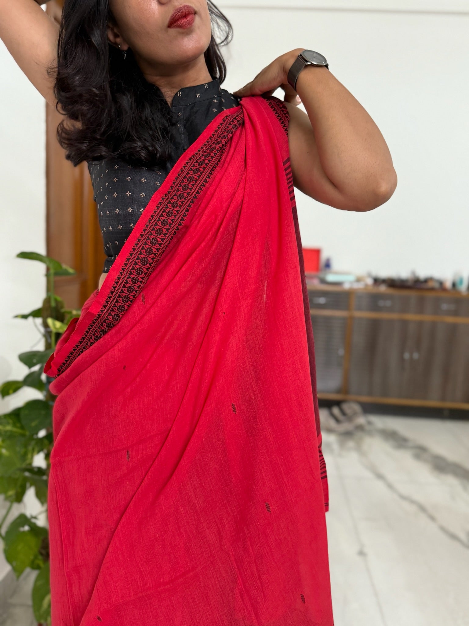 Vibrant Crimson Red Cotton Saree with Black Border
