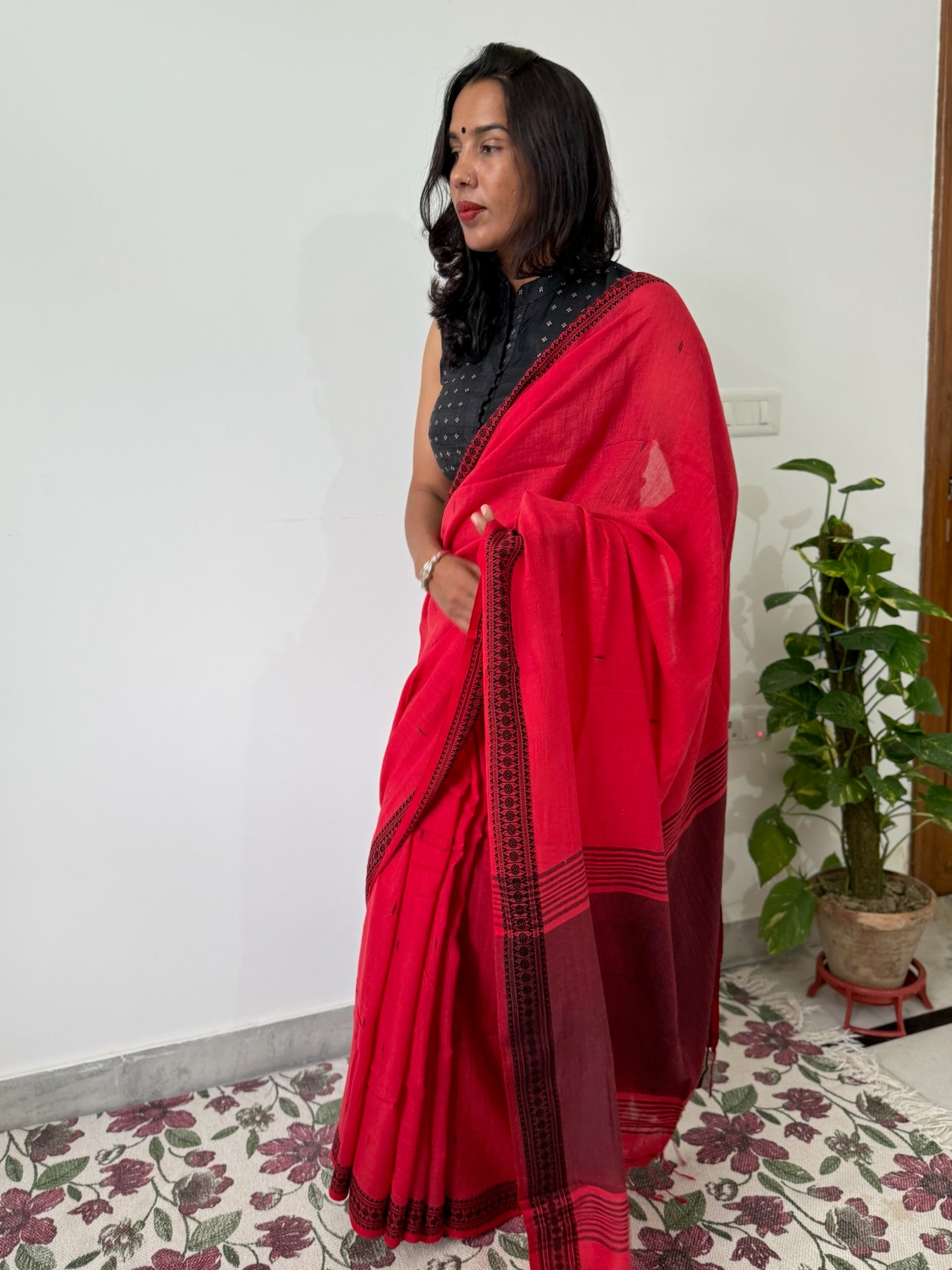 Vibrant Crimson Red Cotton Saree with Black Border