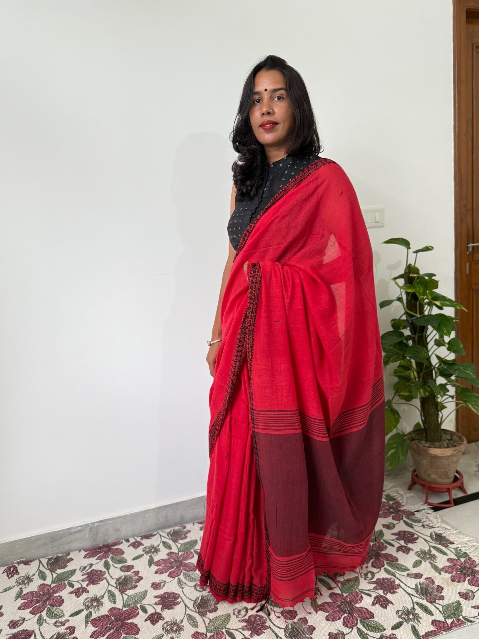 Vibrant Crimson Red Cotton Saree with Black Border