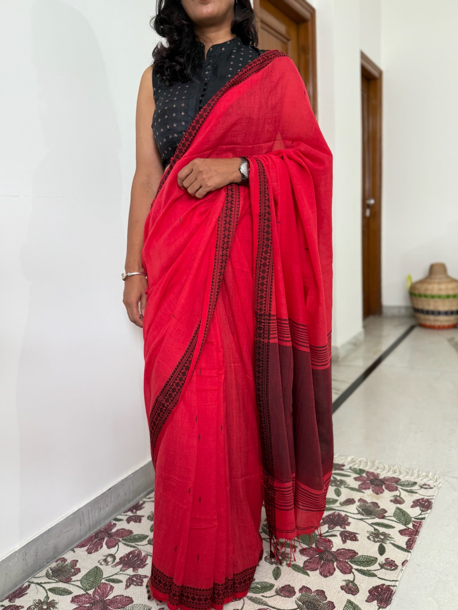 Vibrant Crimson Red Cotton Saree with Black Border