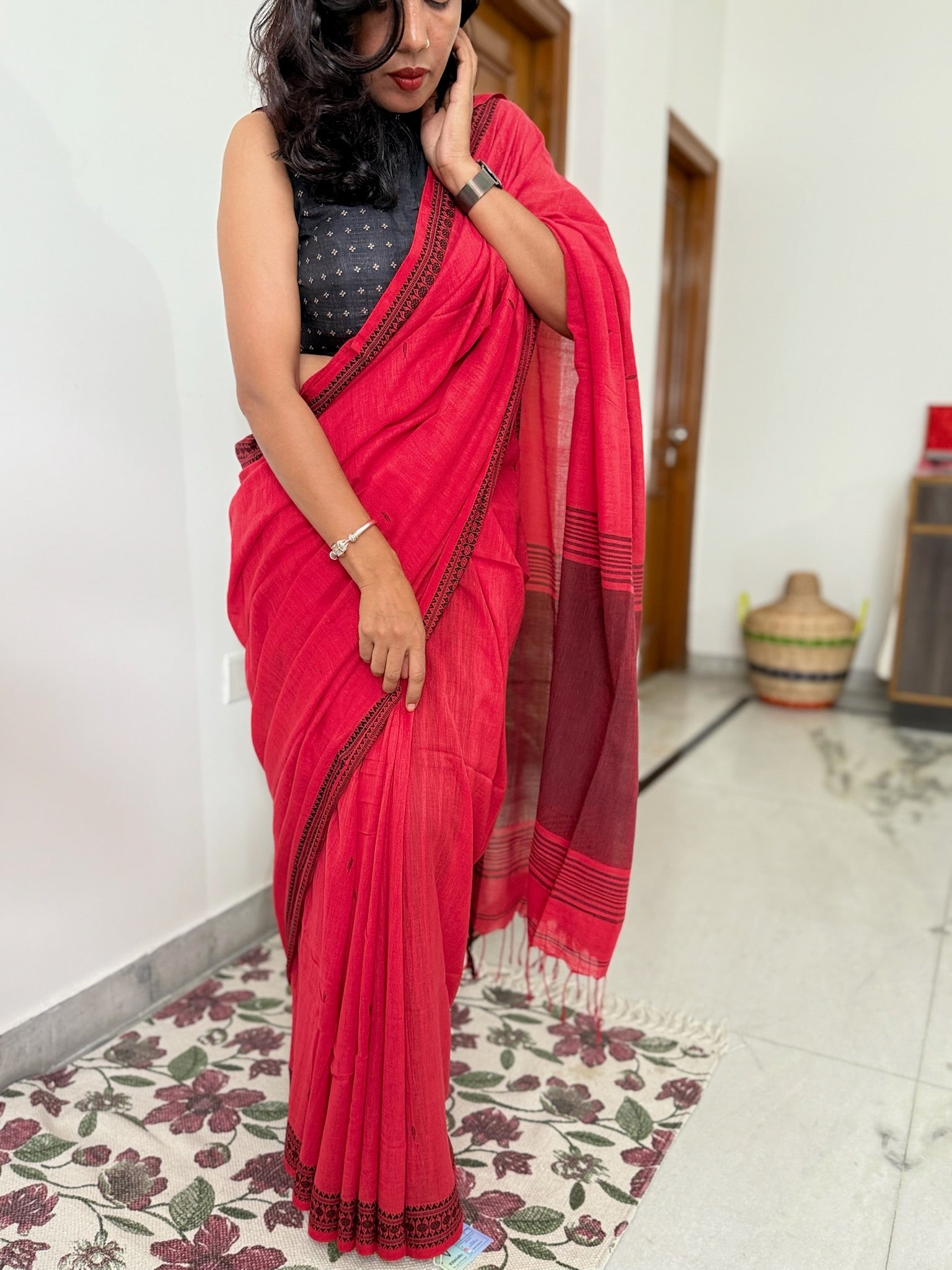 Vibrant Crimson Red Cotton Saree with Black Border
