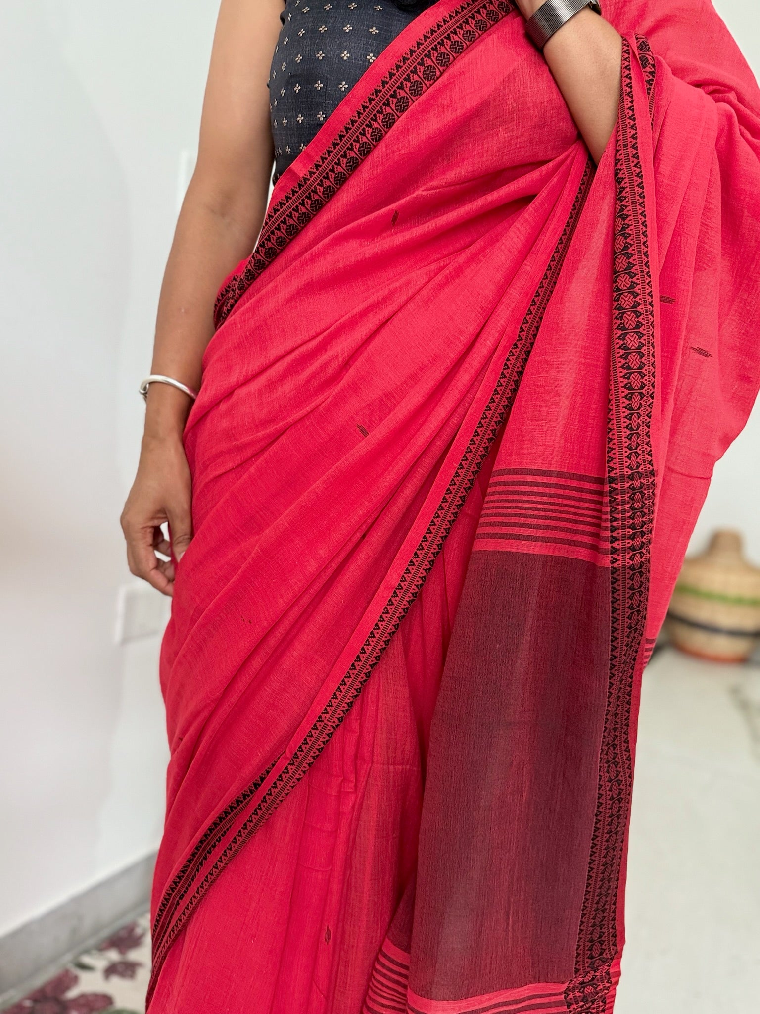 Vibrant Crimson Red Cotton Saree with Black Border