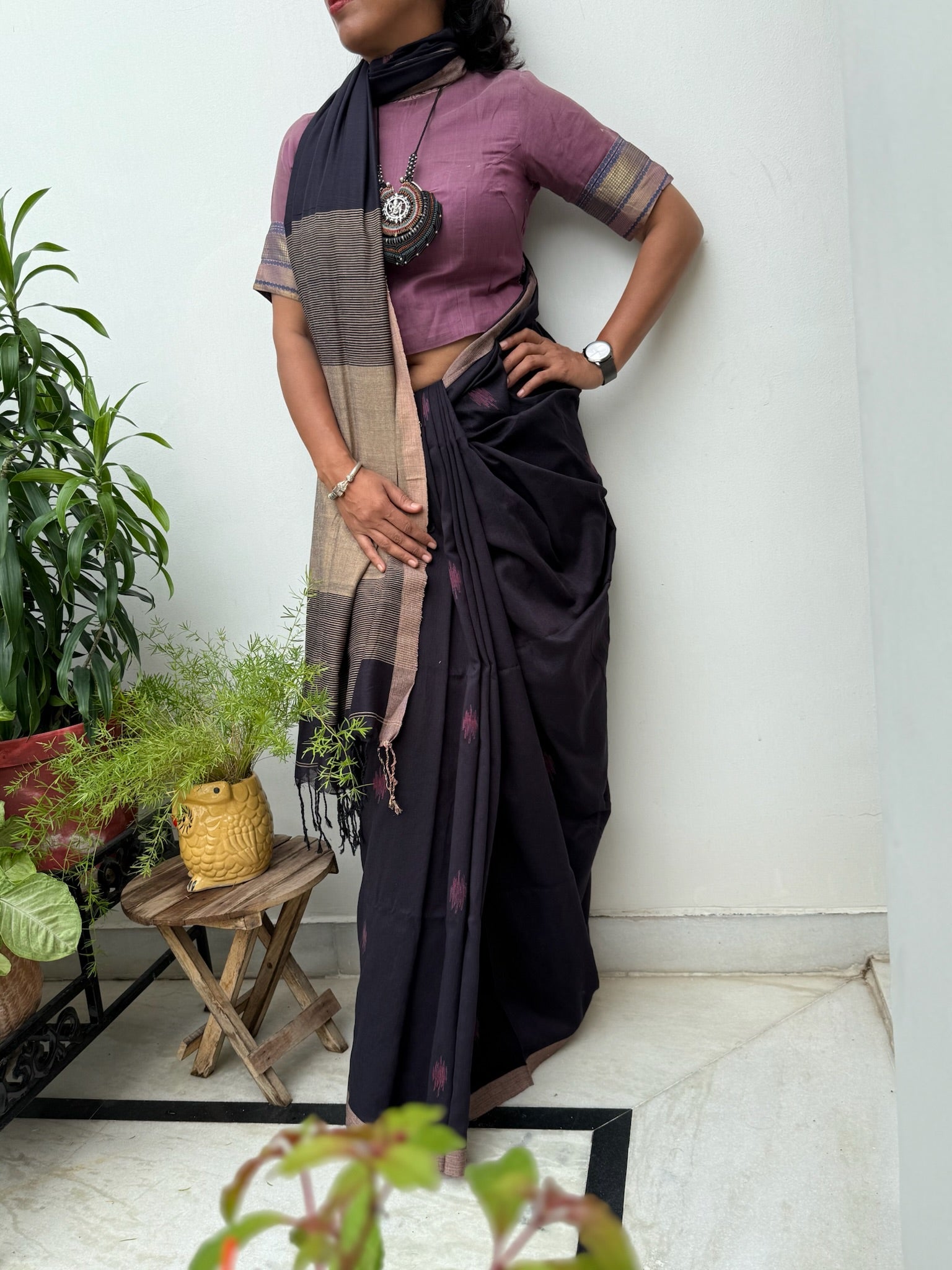 Elegant Black & Beige Cotton Saree With Handwoven Motif